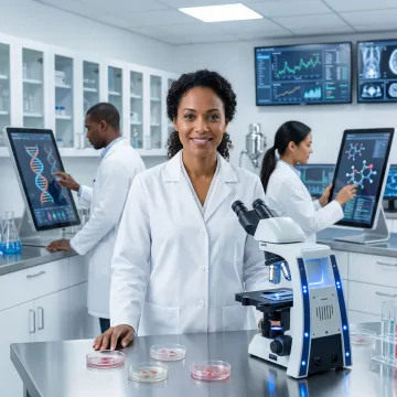 Modern biotech laboratory with scientists working on advanced research equipment and digital displays