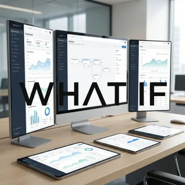 Enterprise software UI/UX design mockups on multiple screens showing complex dashboard interfaces