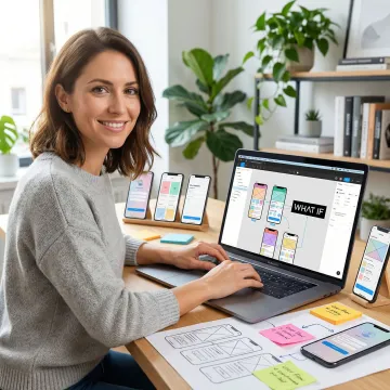 Designer creating interactive MVP prototype on laptop with sticky notes and wireframe sketches