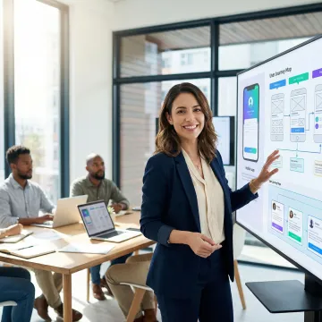 Designer presenting user flow diagrams and wireframes to stakeholders