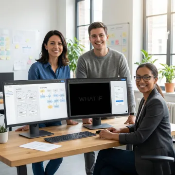 UX design team collaborating on digital product wireframes and prototypes