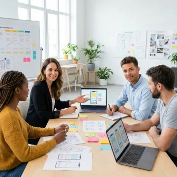 UX designers collaborating on user journey mapping and interface wireframes for a tech startup product