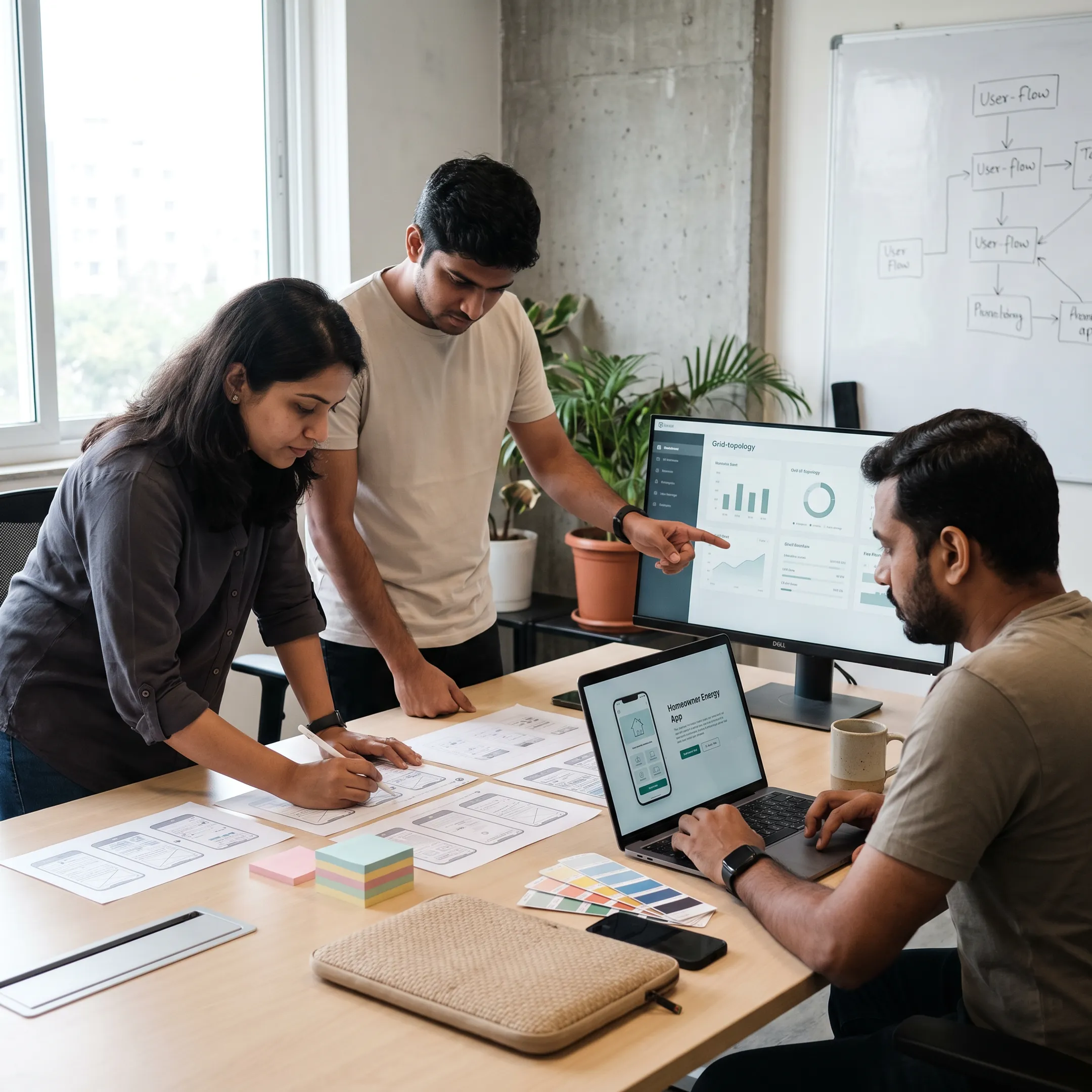 Designer reviewing a virtual power plant platform interface with energy data visualizations