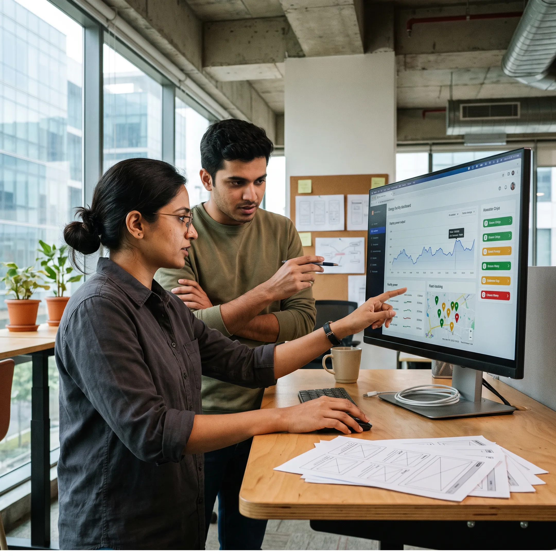 Designer reviewing an energy dashboard interface with operational charts