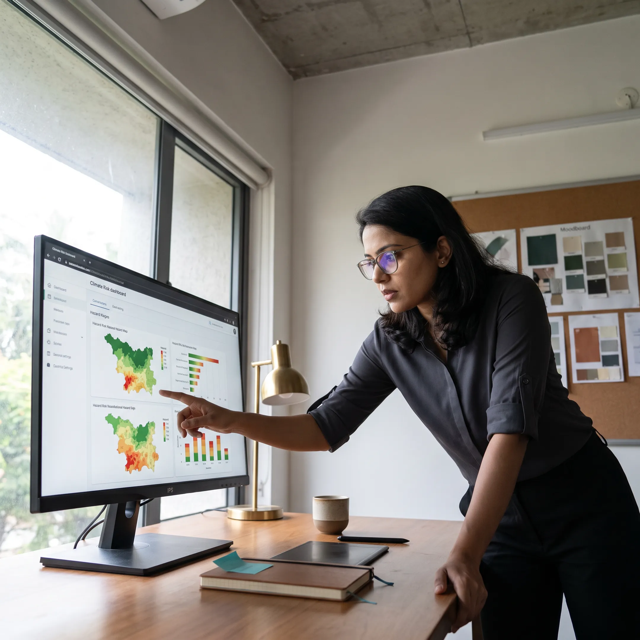 Climate risk dashboard showing hazard maps, scenario comparisons, and decision-ready data visualizations
