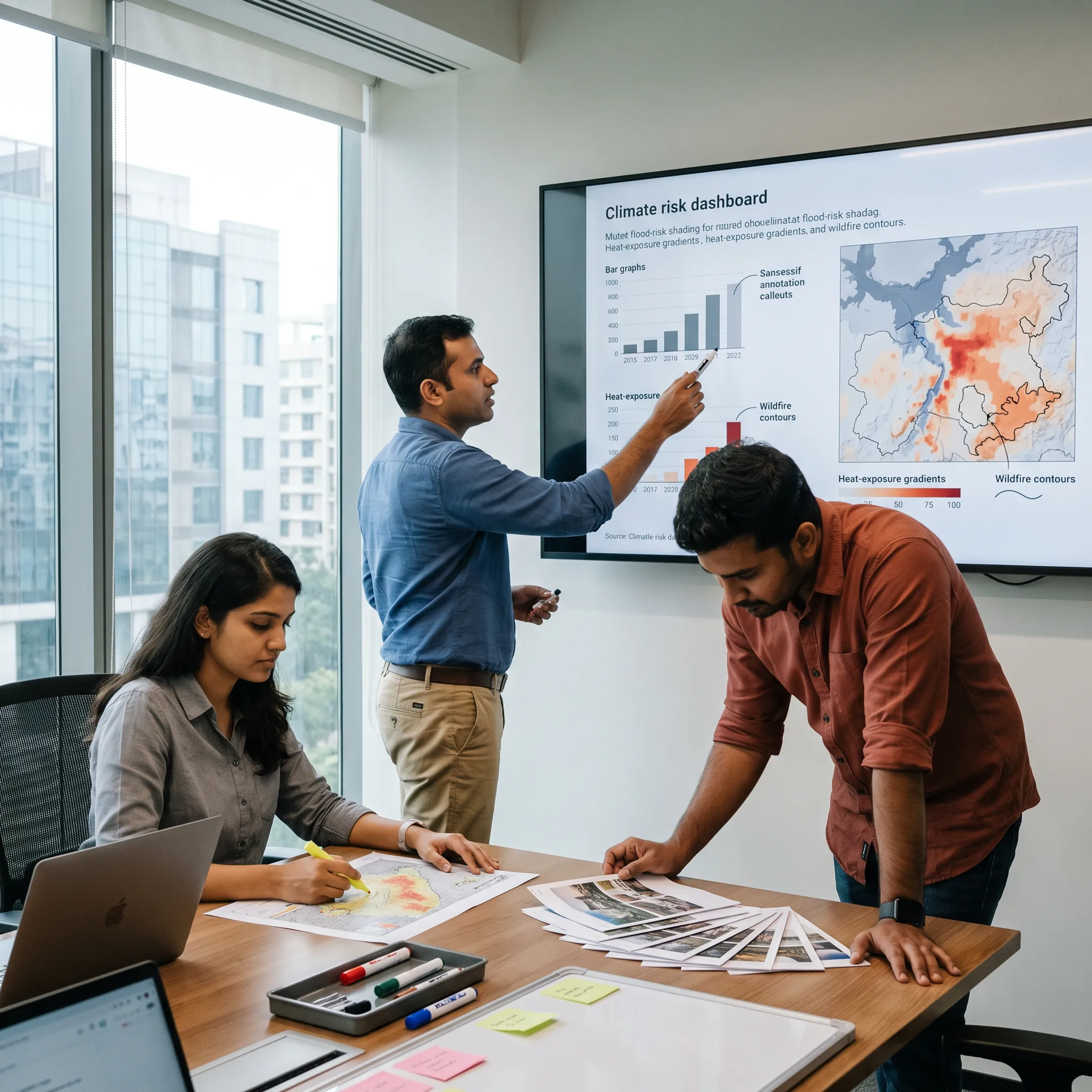 Designer reviewing a climate risk dashboard with hazard layers and data charts