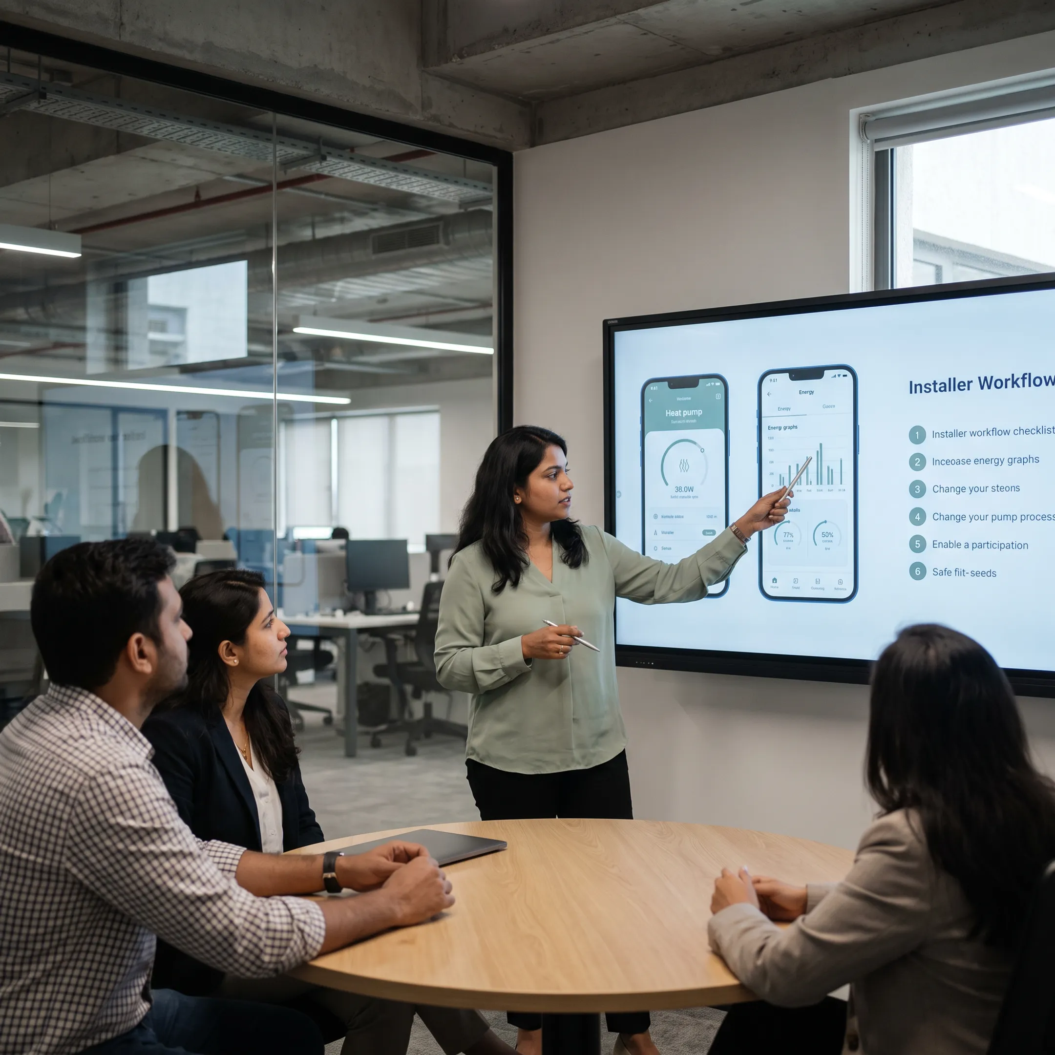Designer reviewing a heat pump app prototype with product stakeholders
