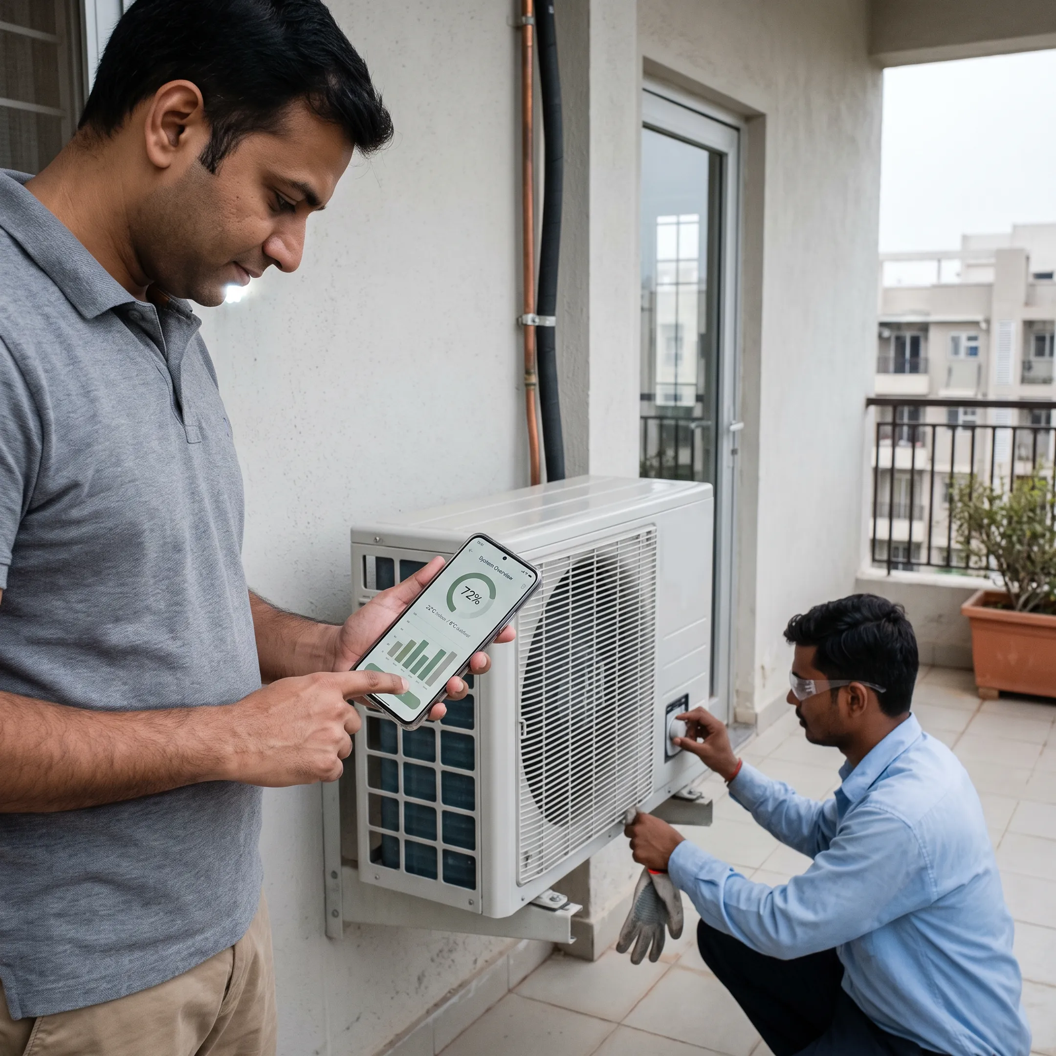 Heat pump app interface shown on a smartphone beside a home energy system