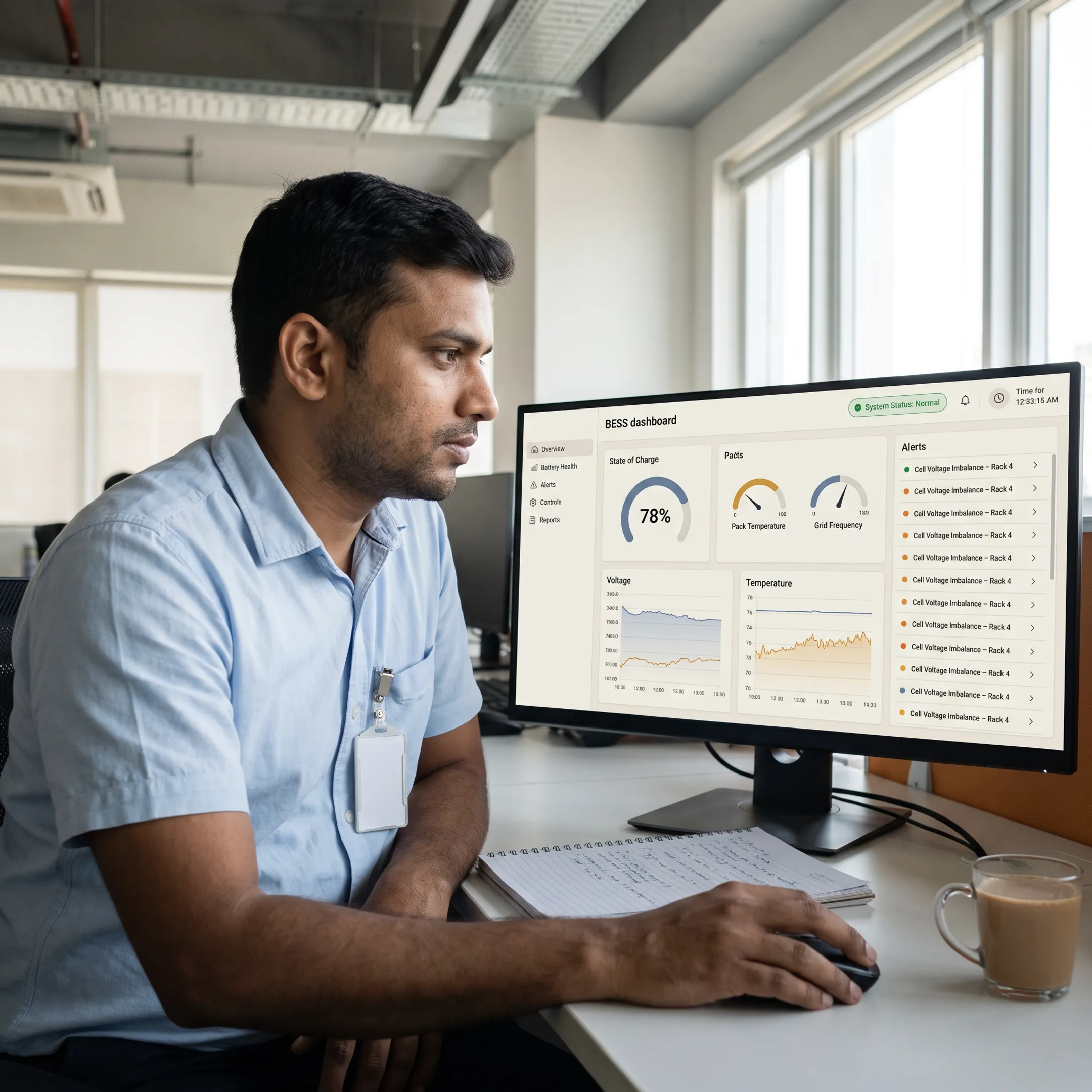 Operator reviewing a clear BESS monitoring dashboard with battery status and system alerts