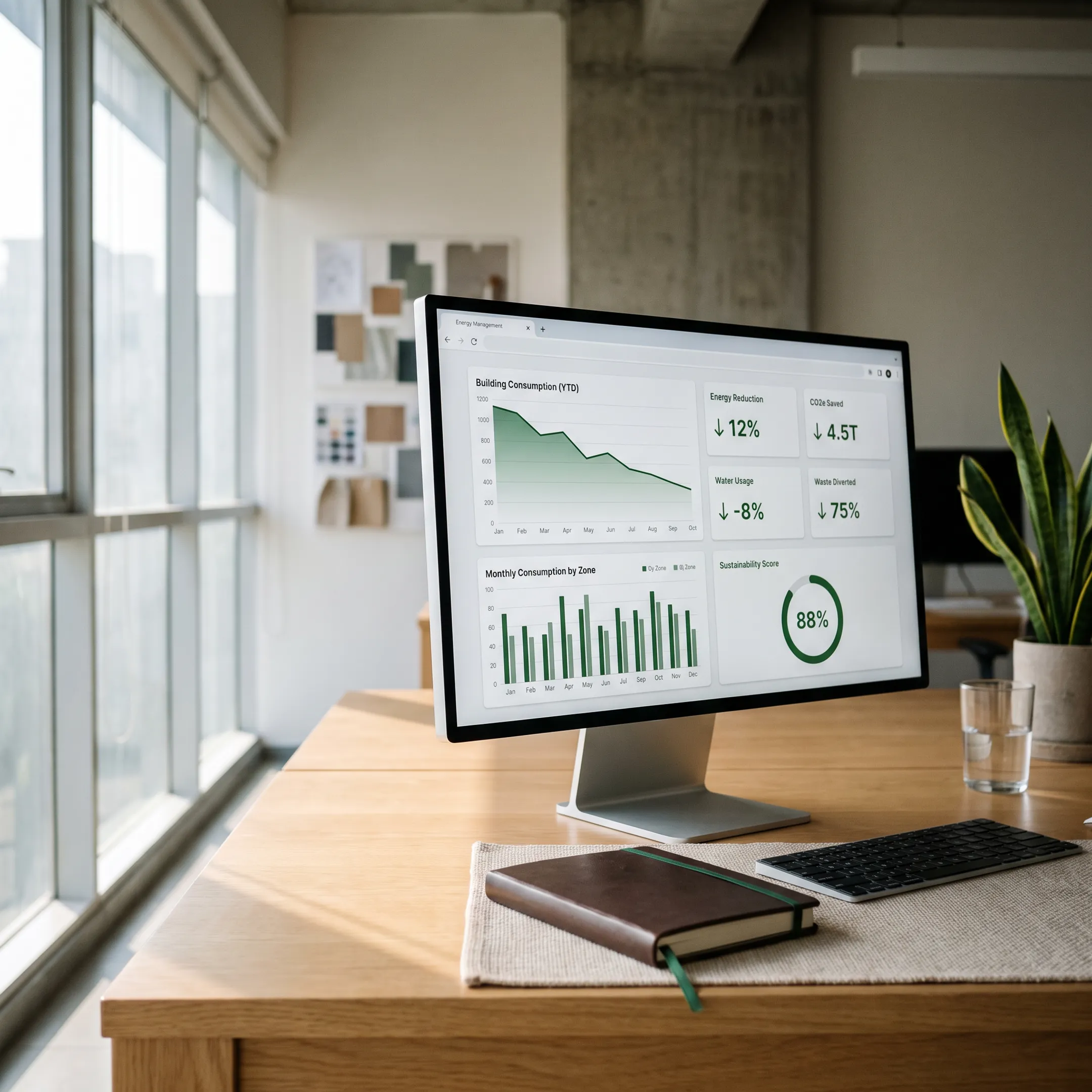 Building energy management dashboard displayed on a desktop monitor