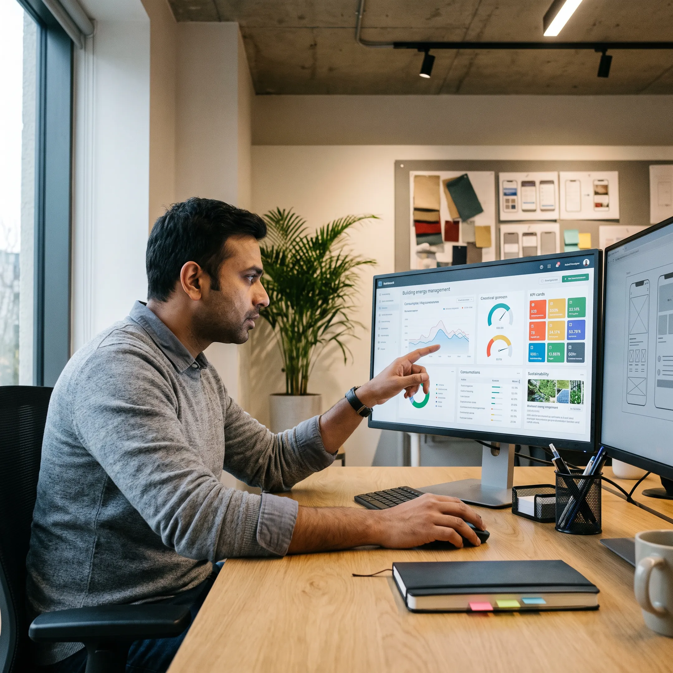 Designer reviewing building energy dashboard interface with data visualizations