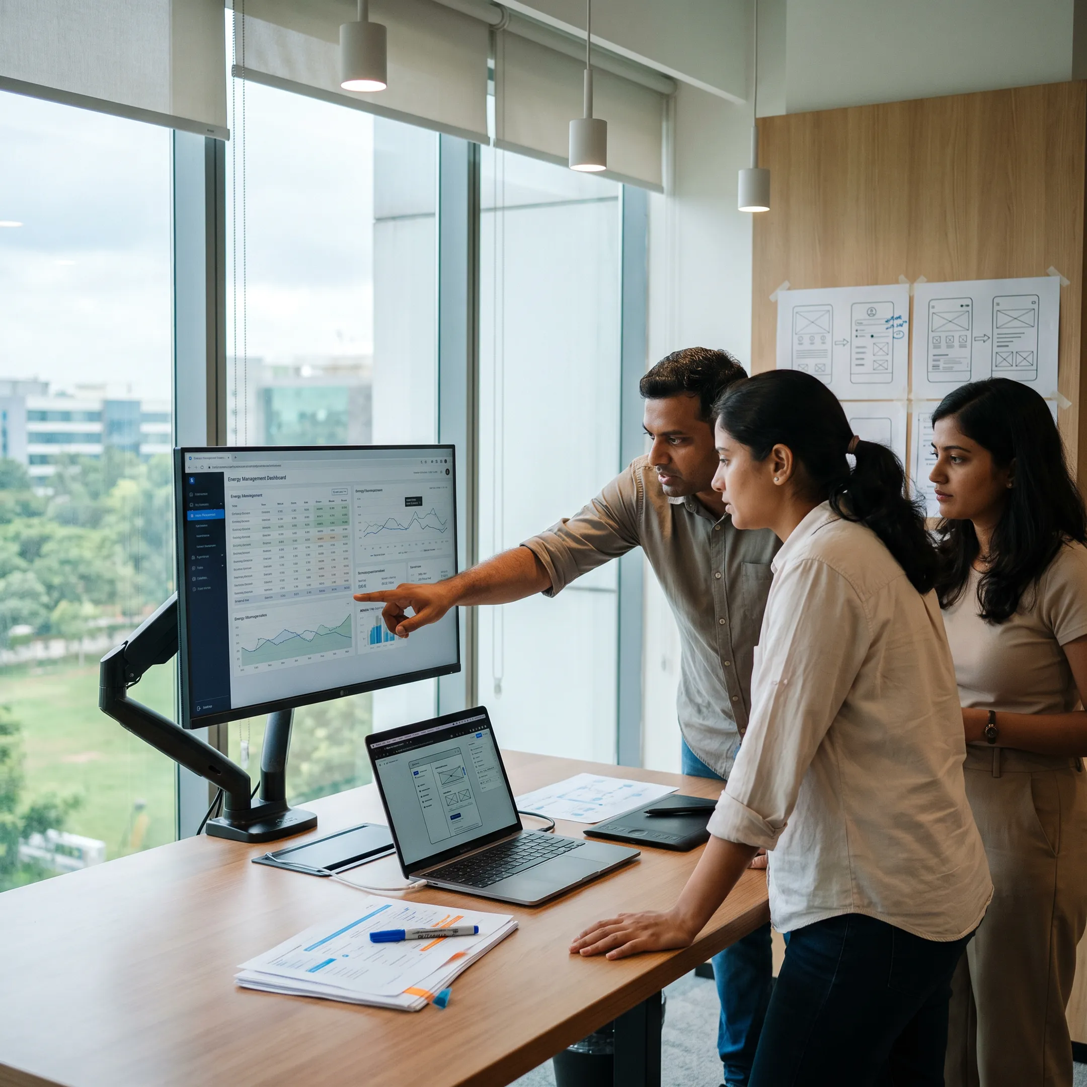 UX designers reviewing a grid optimization software dashboard