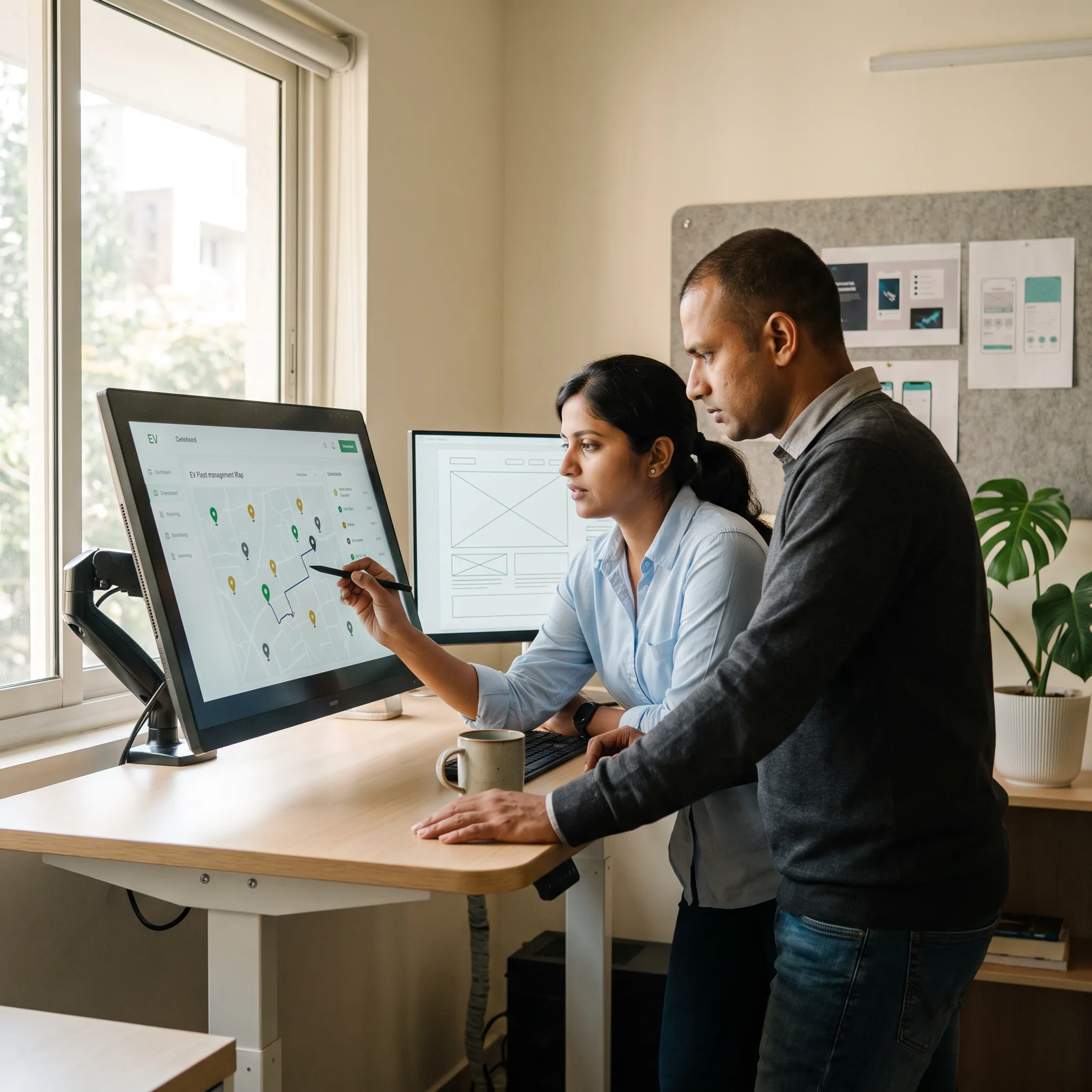 UX designers reviewing an electric vehicle fleet management dashboard prototype