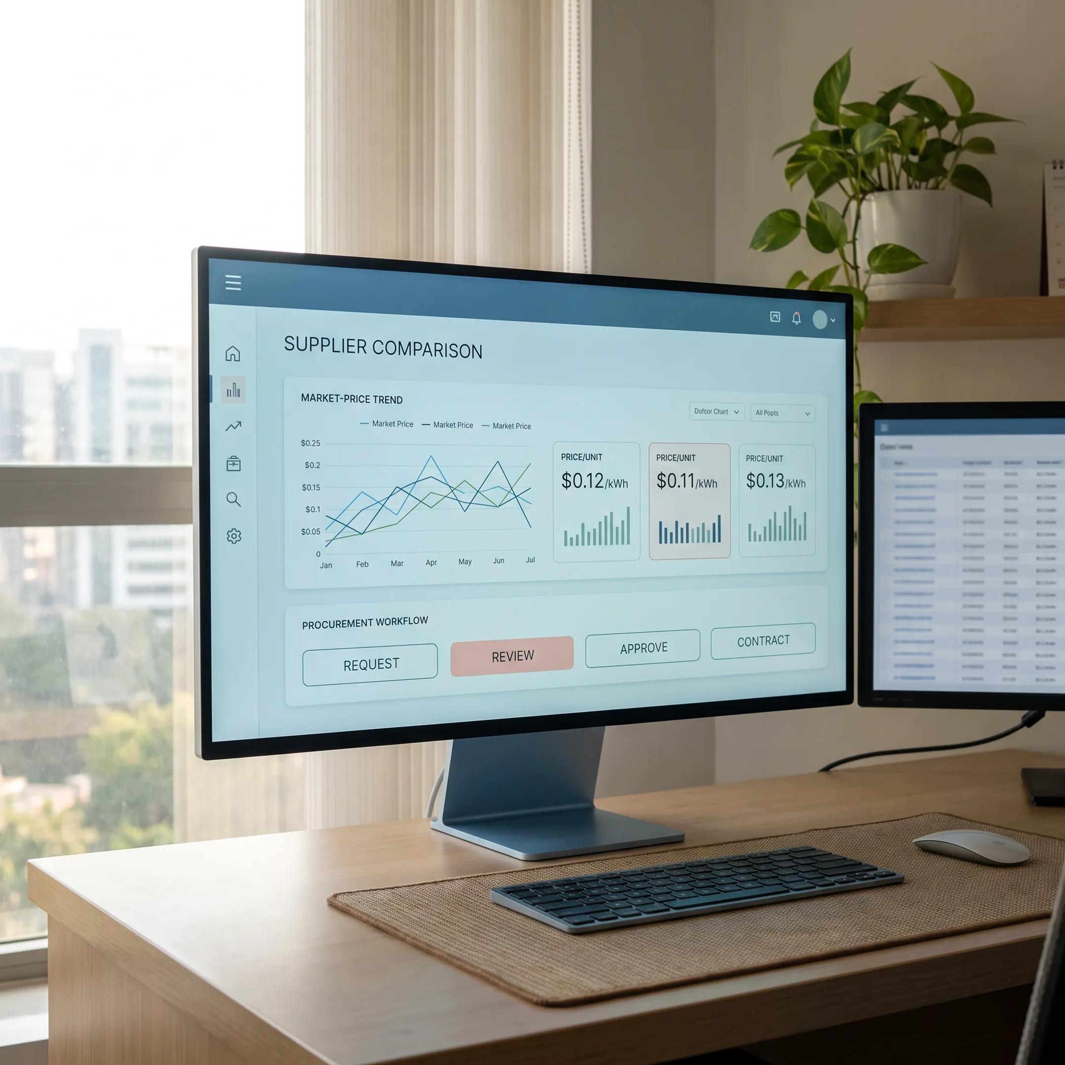 Enterprise energy procurement platform dashboard showing supplier comparisons and market data