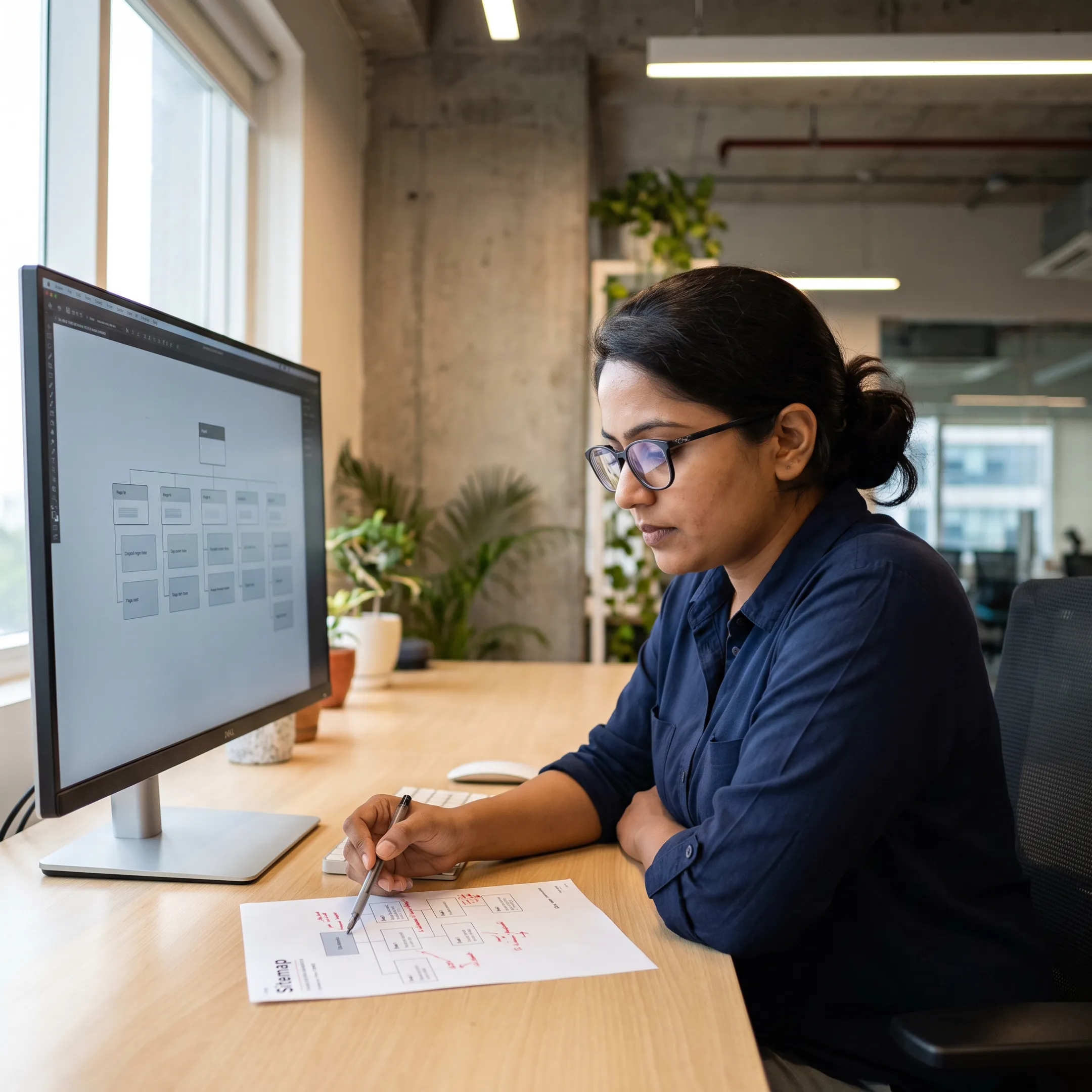 Designer reviewing B2B tech website architecture before Webflow migration