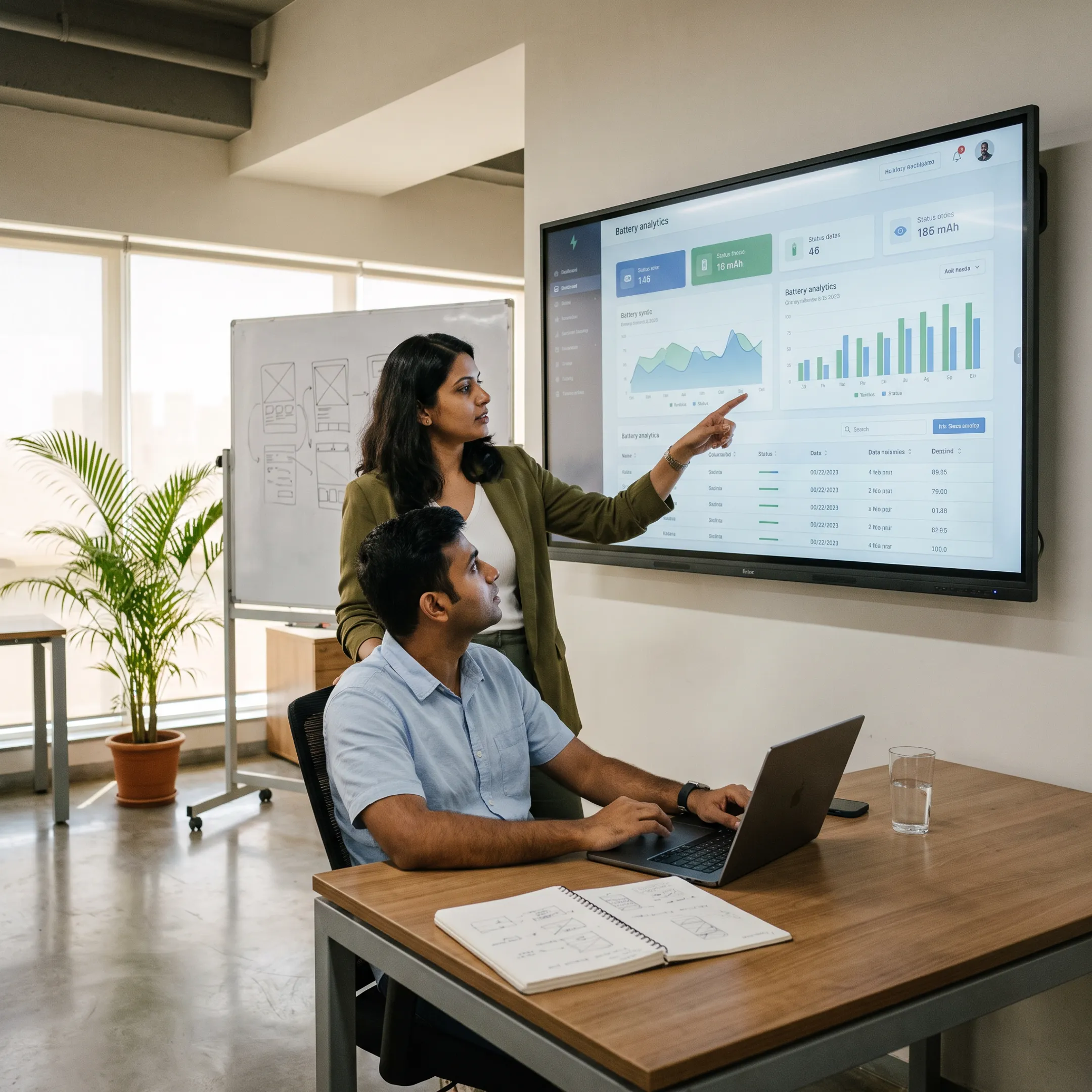 Designer reviewing a battery analytics dashboard with charts and system status data