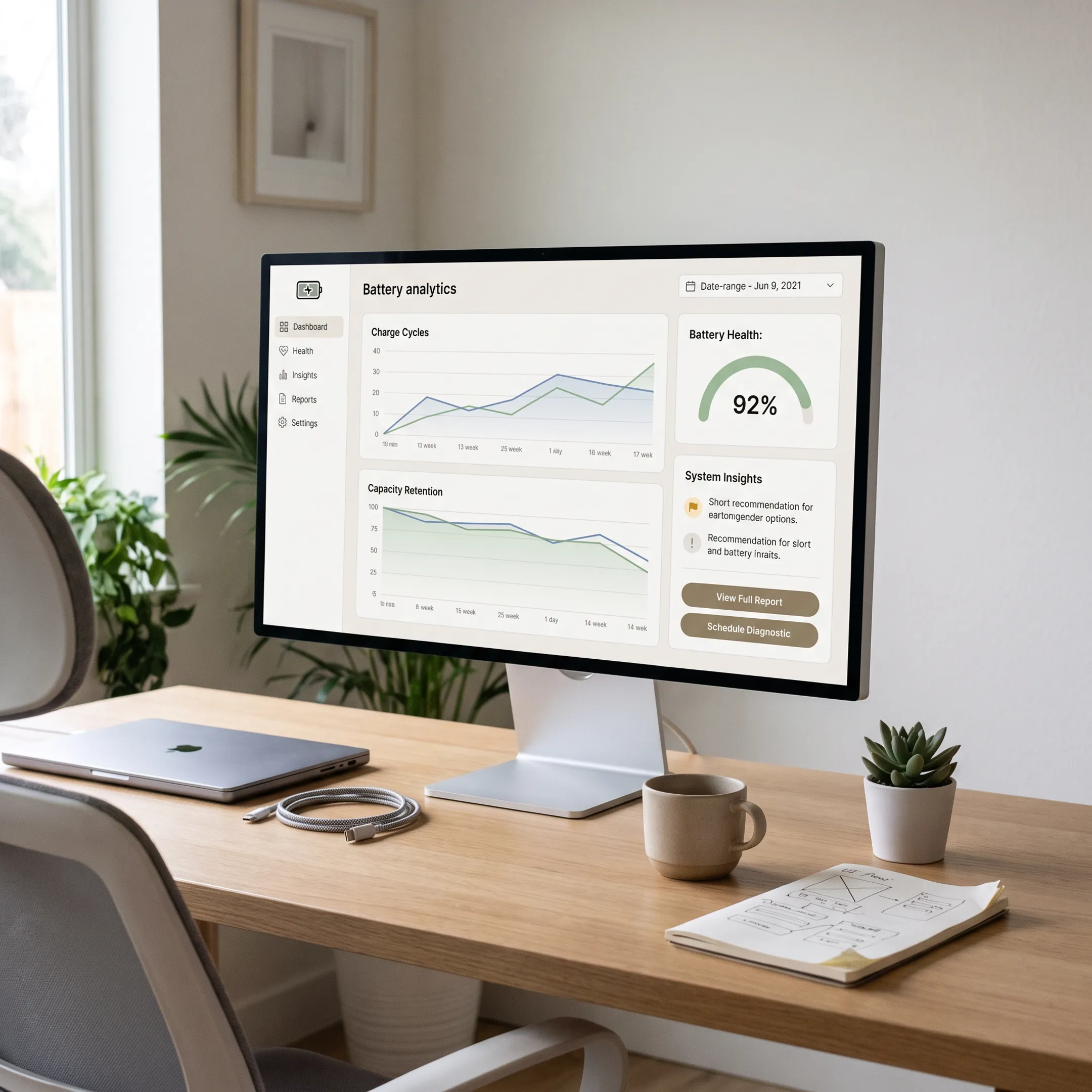 Battery analytics dashboard displaying readable performance charts and system insights