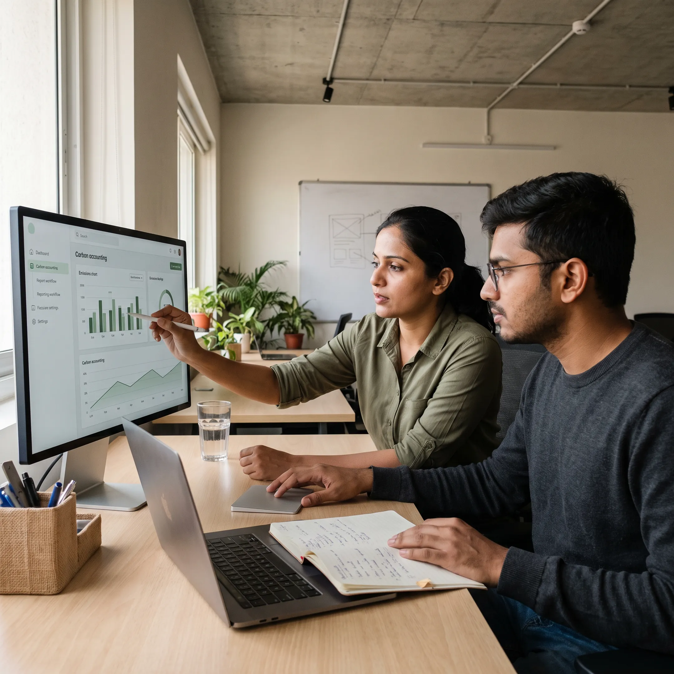 Designer reviewing a carbon accounting software dashboard prototype