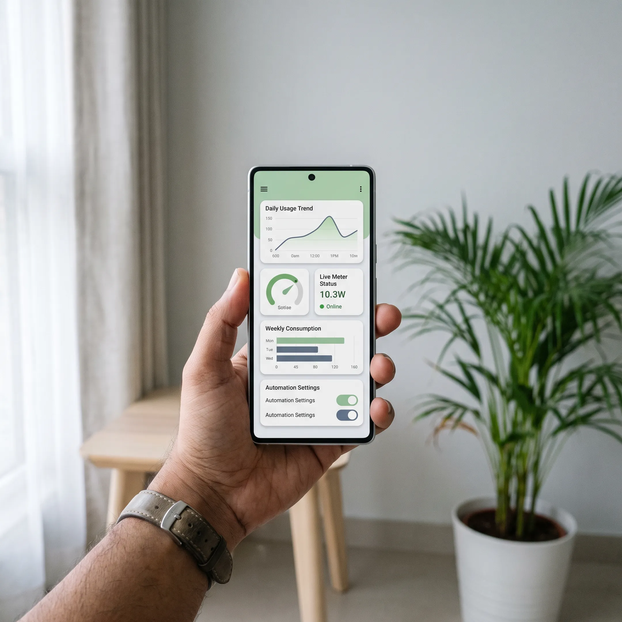 Smart meter app interface showing energy usage charts and household consumption insights