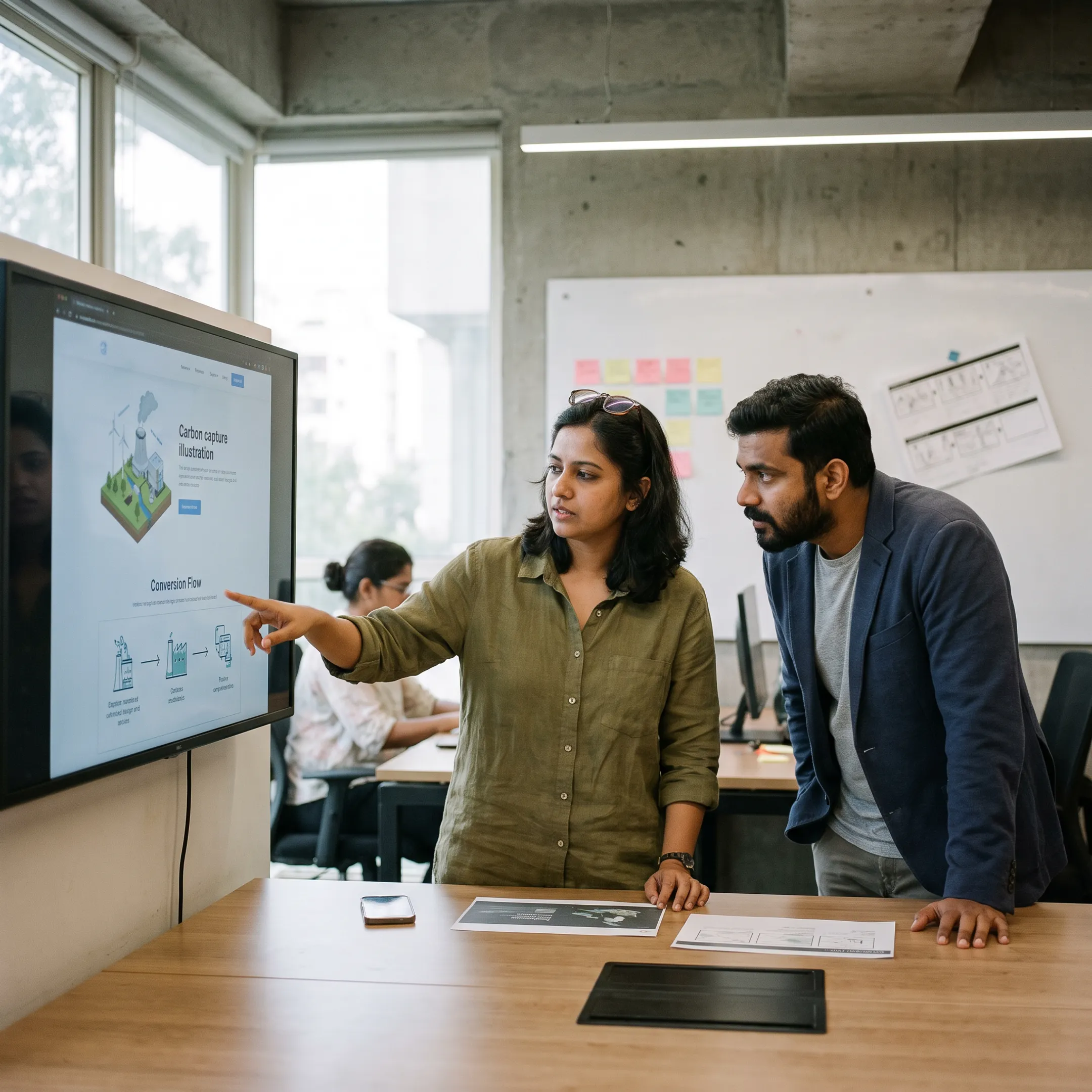 Designers reviewing a carbon capture website interface with technical diagrams and climate data