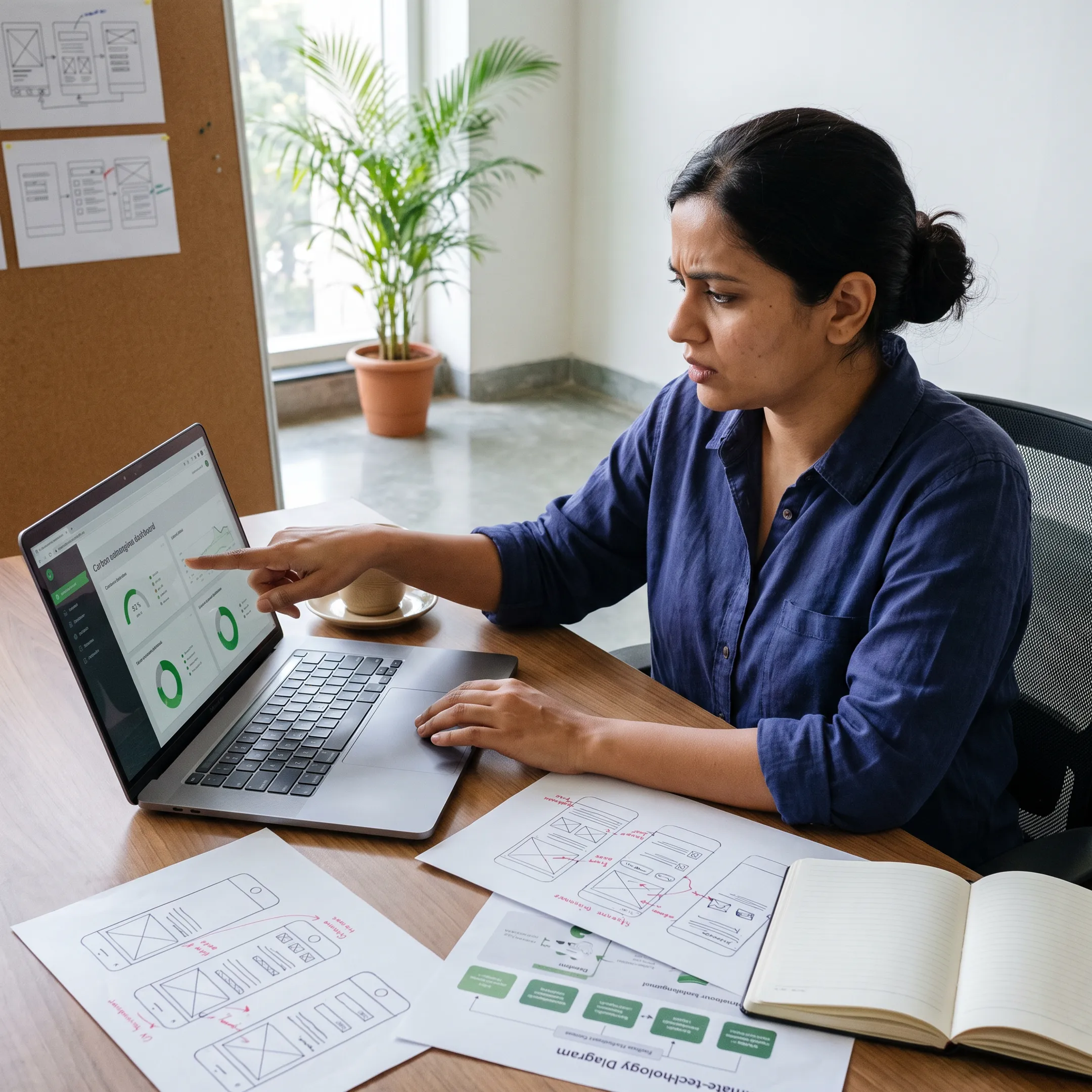 Emissions management software website displayed on a laptop beside sustainability data sketches