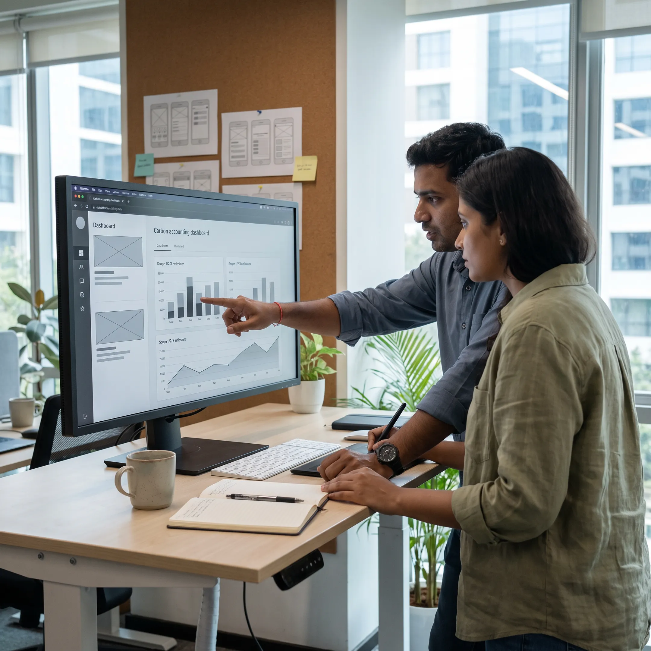 Designer developing a climate software website with emissions data visualizations