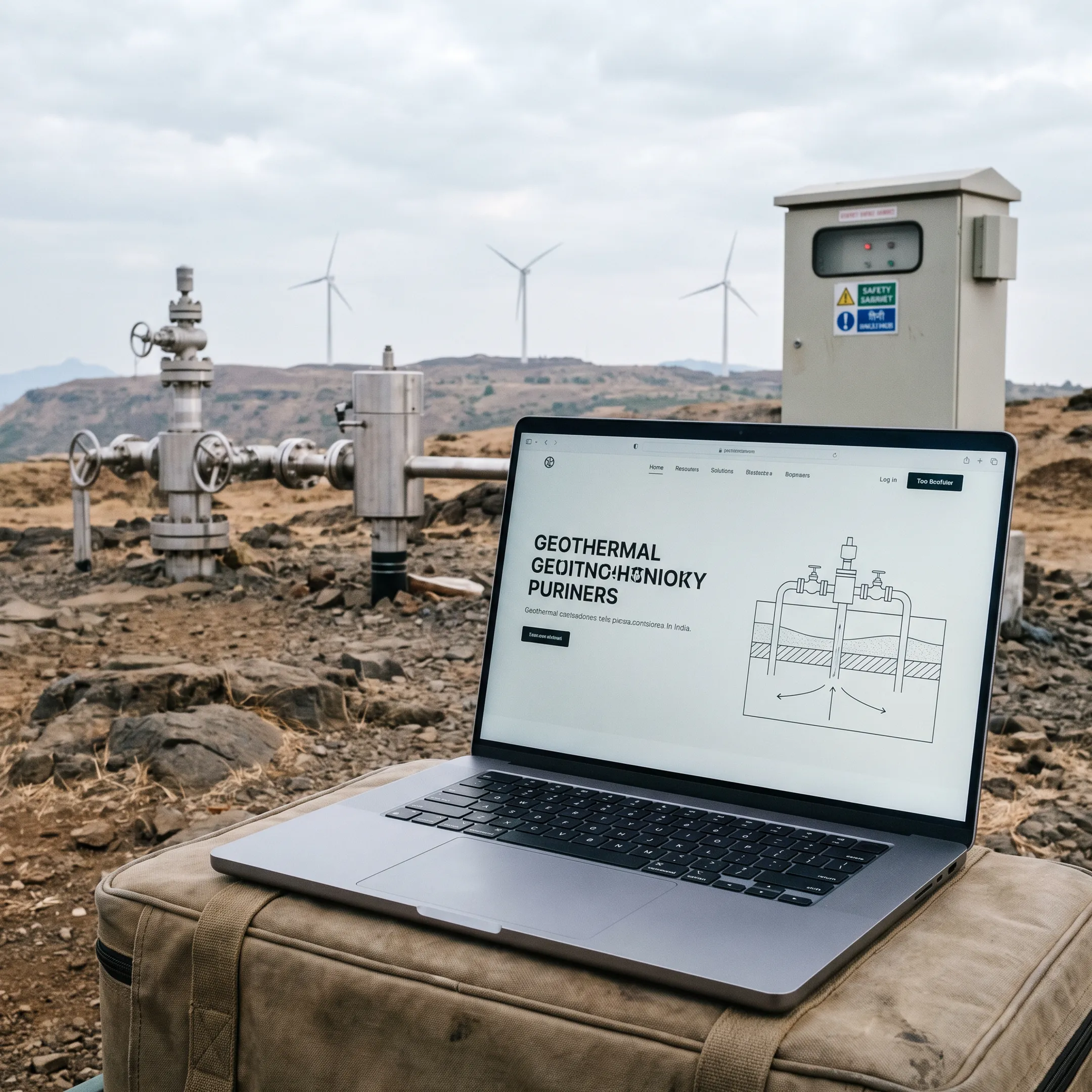 Geothermal energy company website displayed on a laptop beside geothermal plant imagery