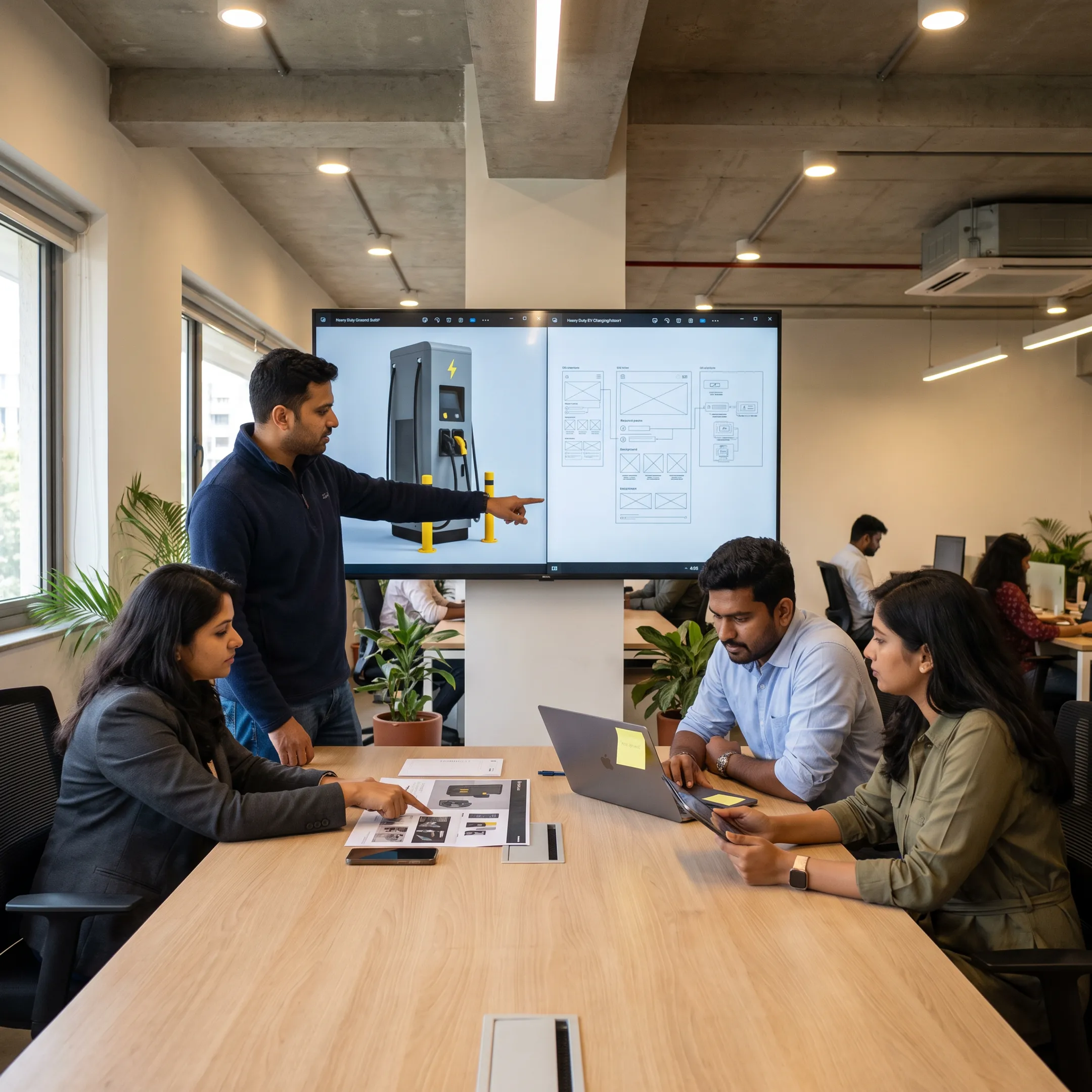 Designers reviewing a technical EV charging brand identity across digital screens and printed materials