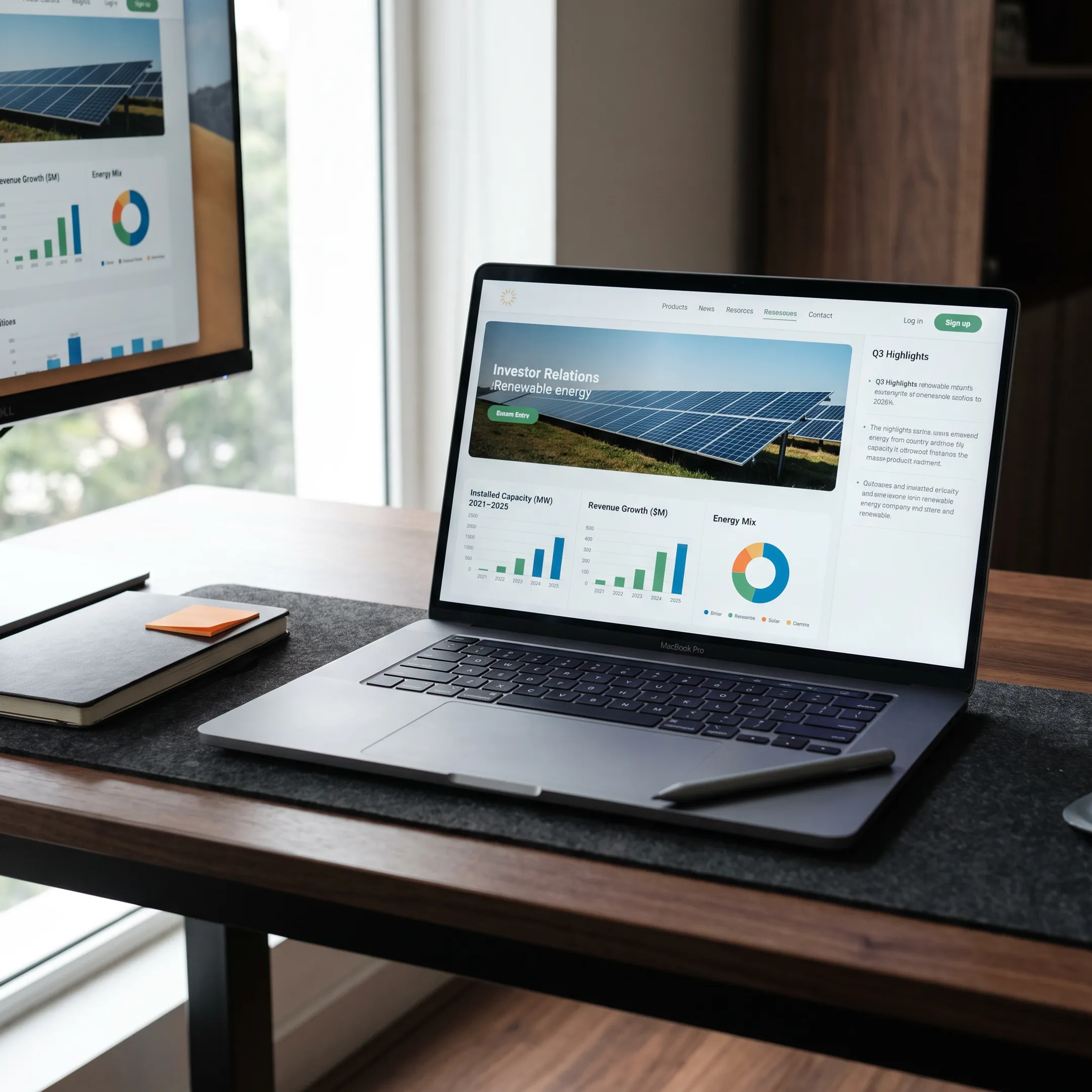 Investor relations website showing energy technology data and company information