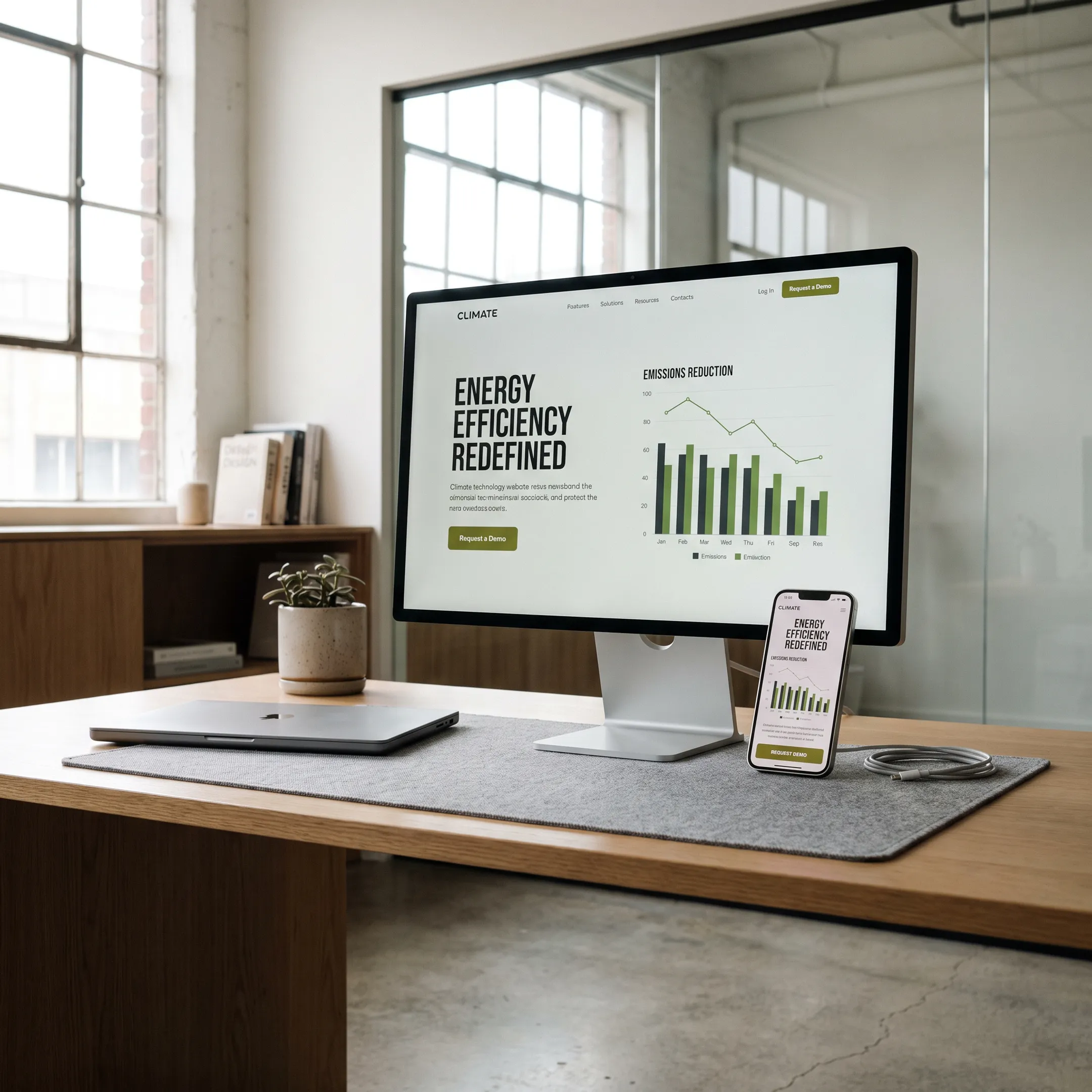 Climate technology website interface showing clear product messaging and conversion paths