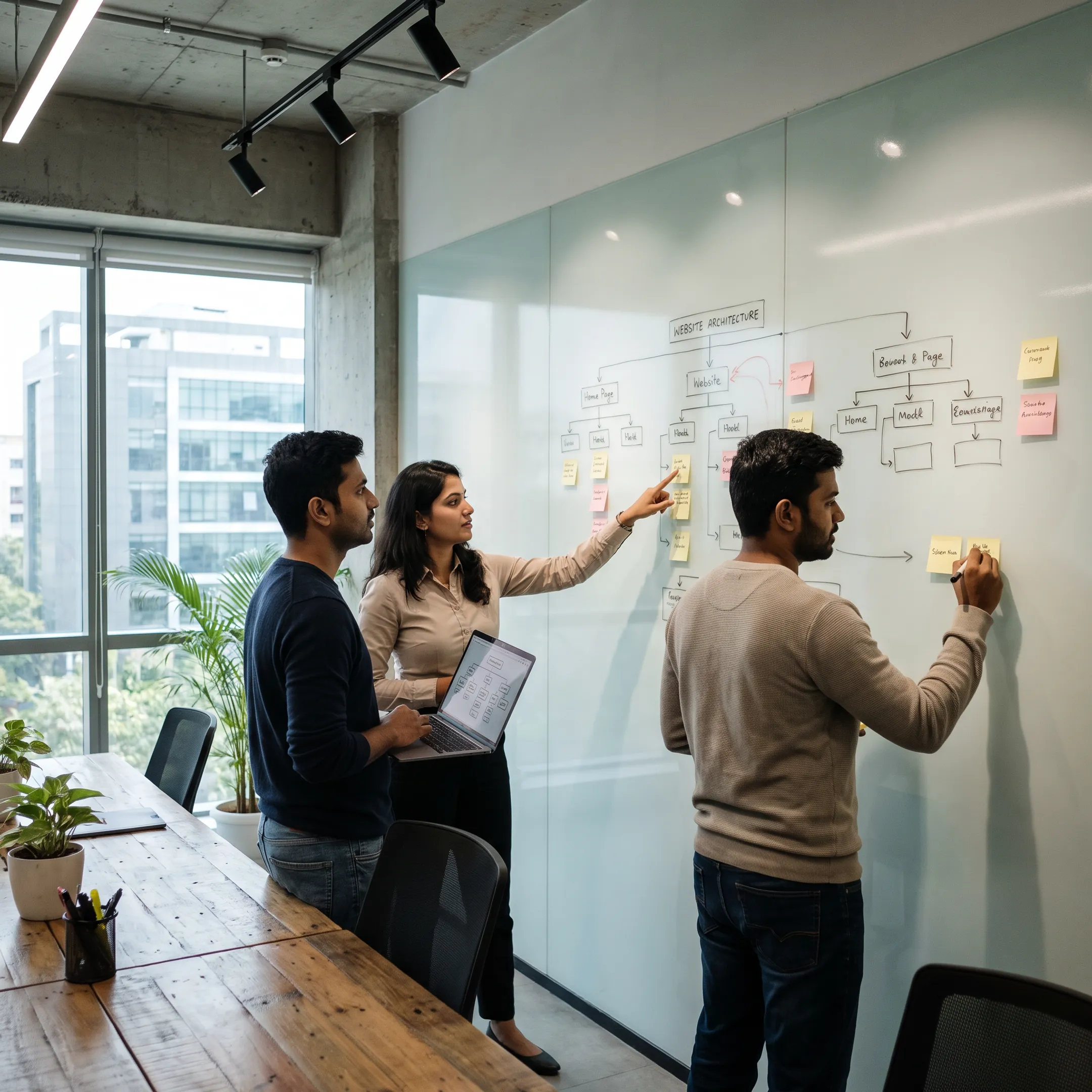 Designers mapping a hardware startup website journey with wireframes