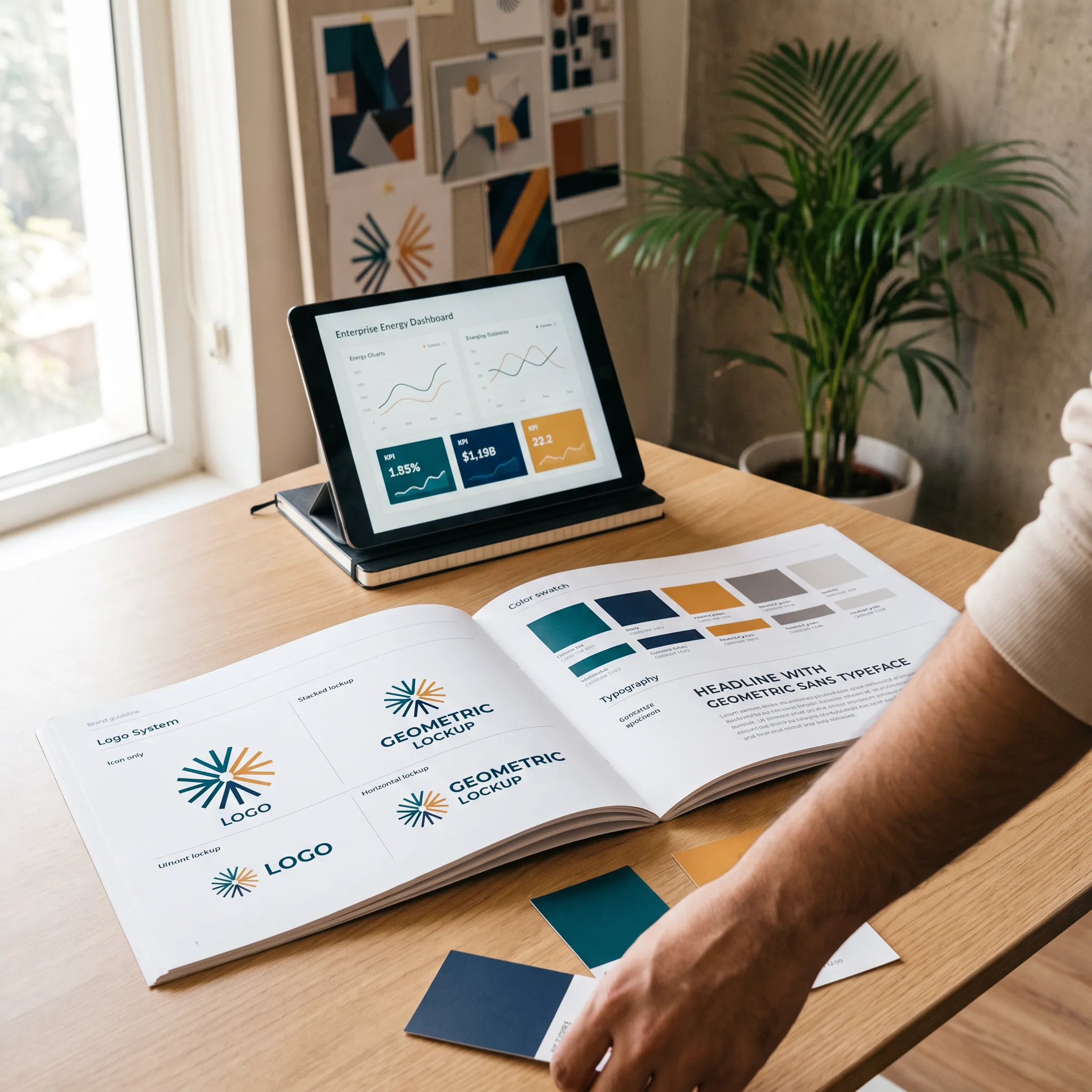 Clean energy brand identity system presented on screens and printed materials