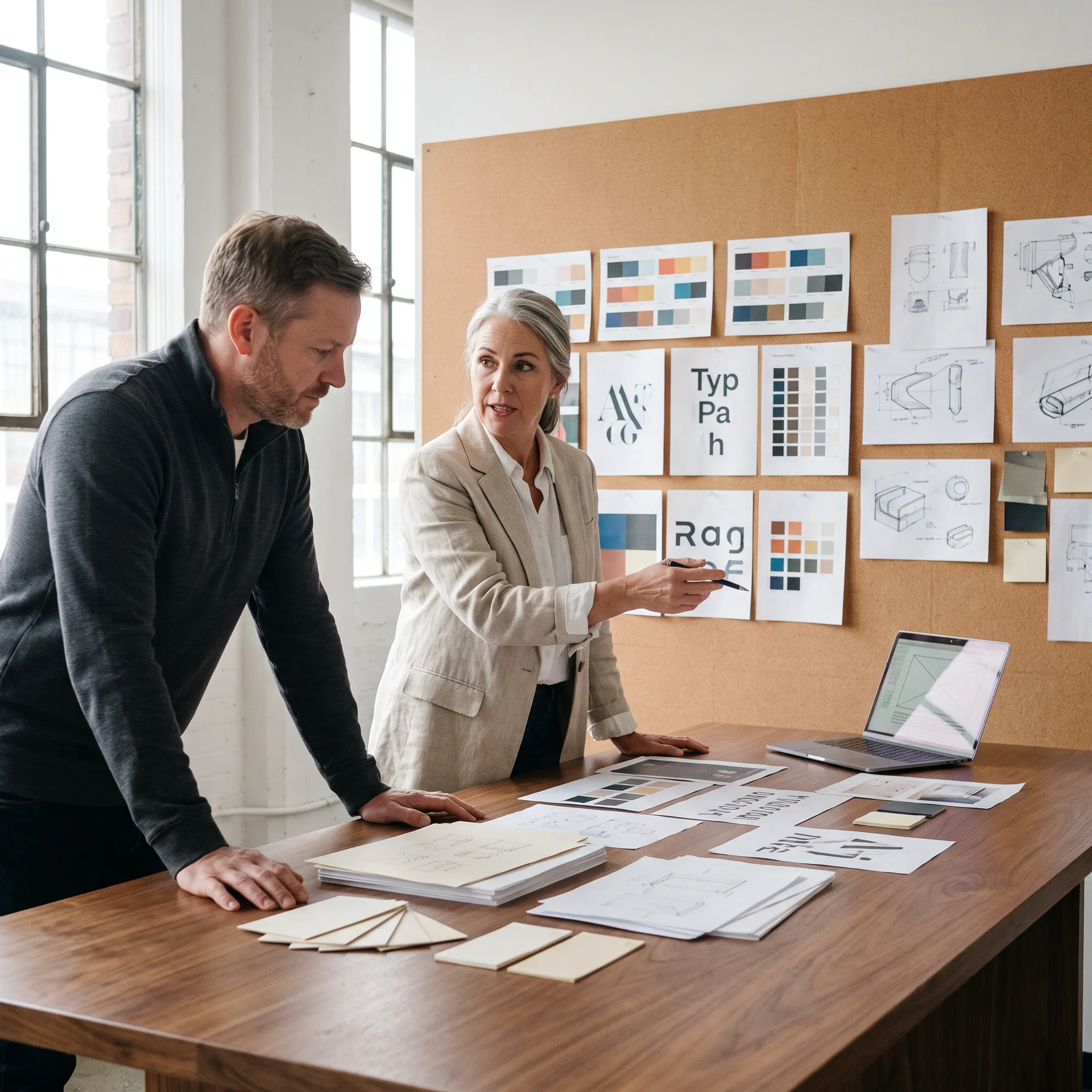 Brand strategists reviewing a deep tech startup identity in a modern Bay Area studio