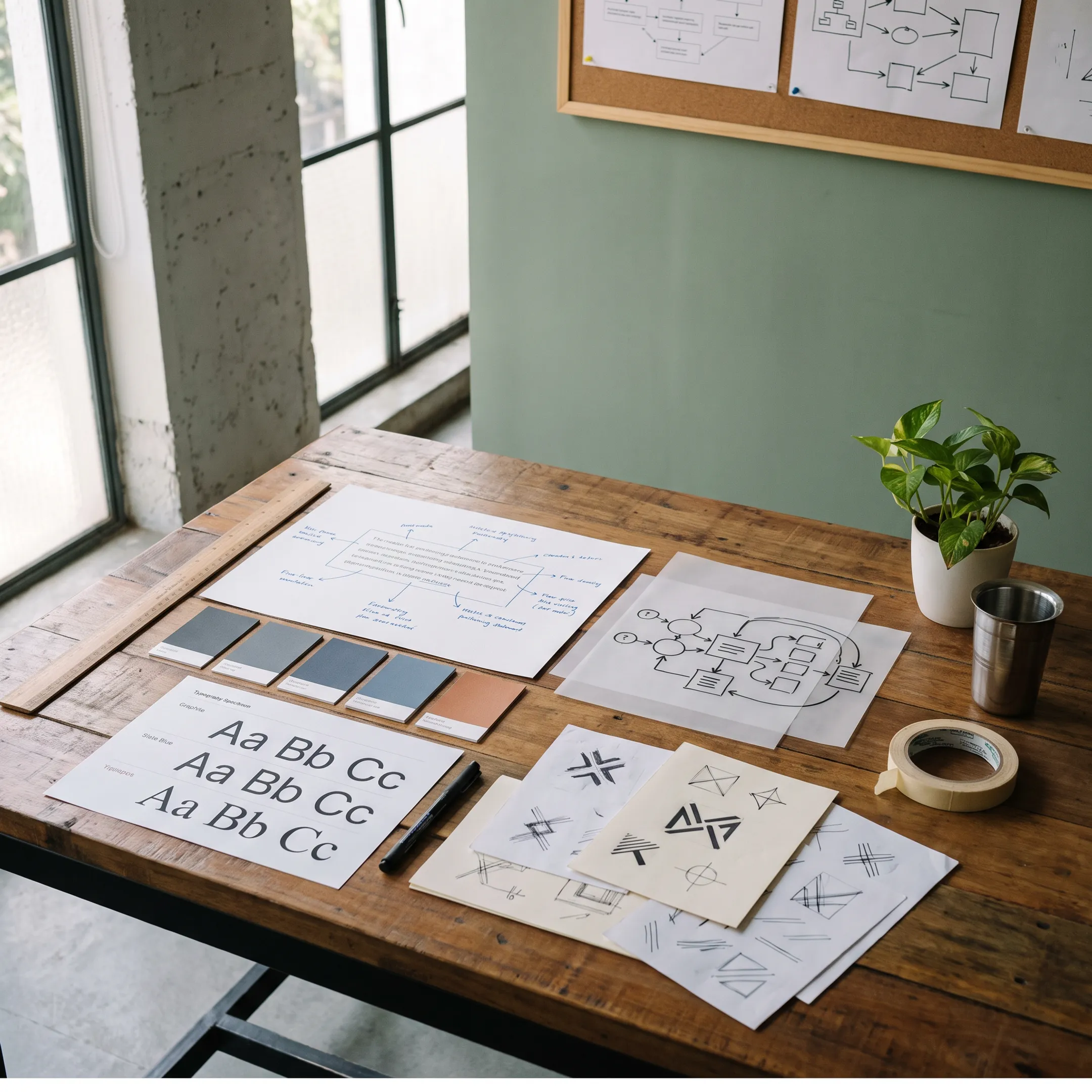 Deep tech brand identity materials including strategy notes, typography, and visual concepts