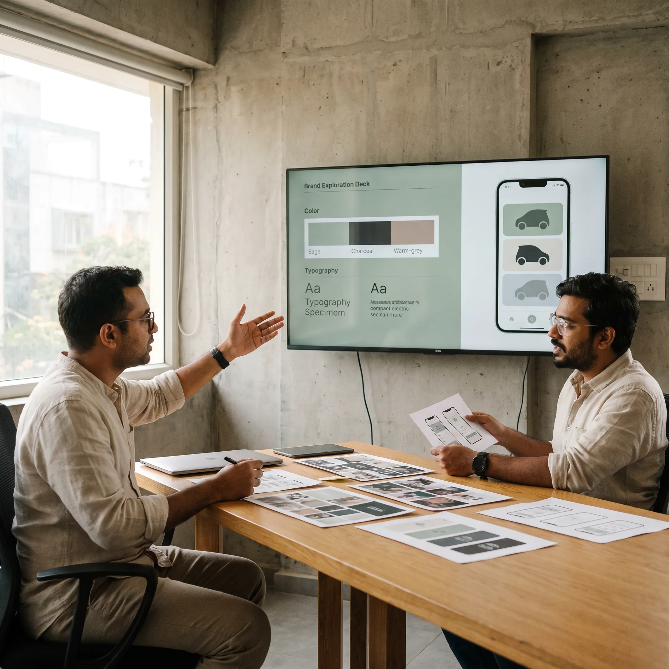 Creative team reviewing a mobility startup website and brand system