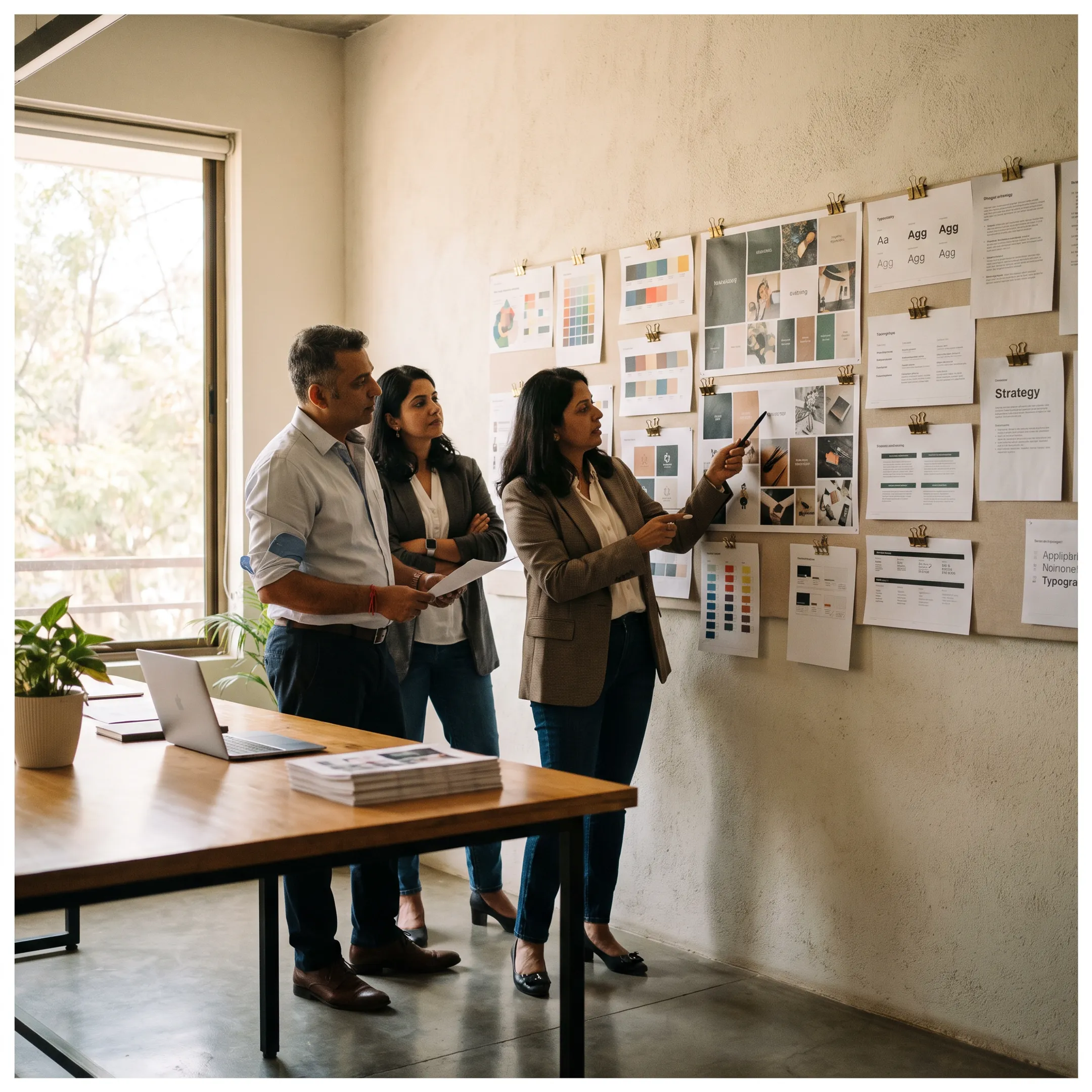 Brand strategists reviewing an energy company identity and messaging system