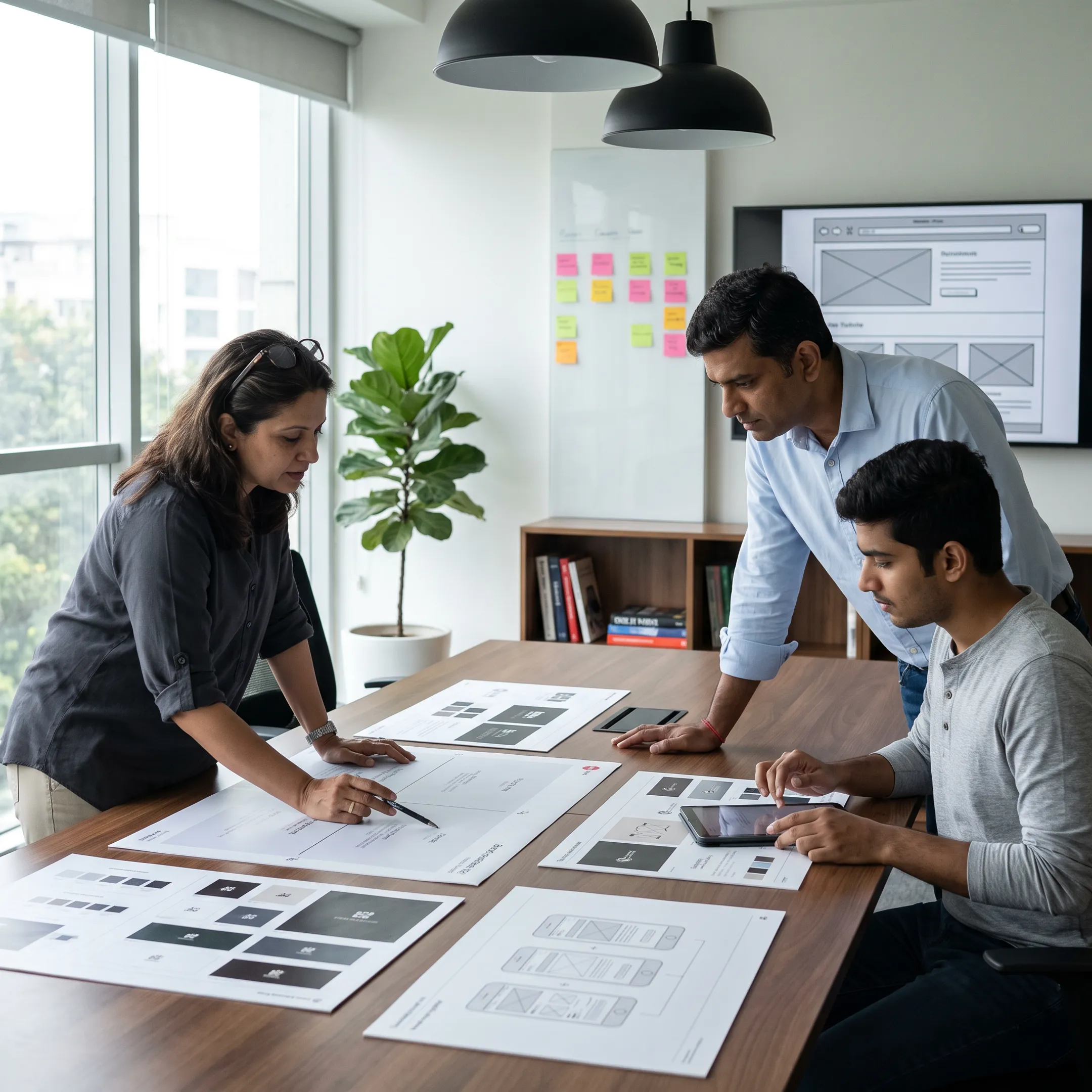 Brand strategists reviewing industrial technology branding concepts and technical diagrams in a collaborative studio