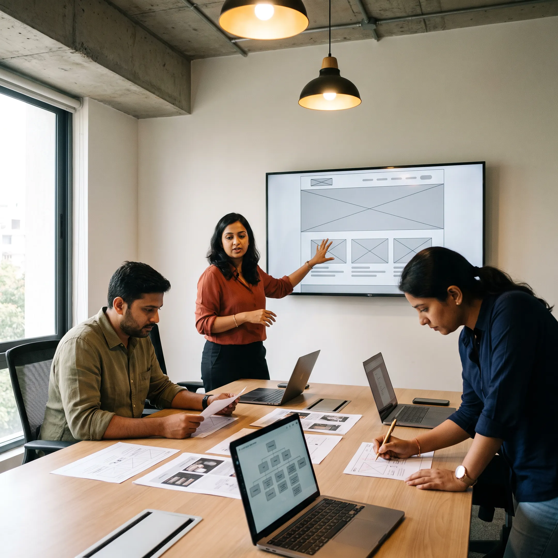 Designers presenting a clear B2B startup website concept to a client