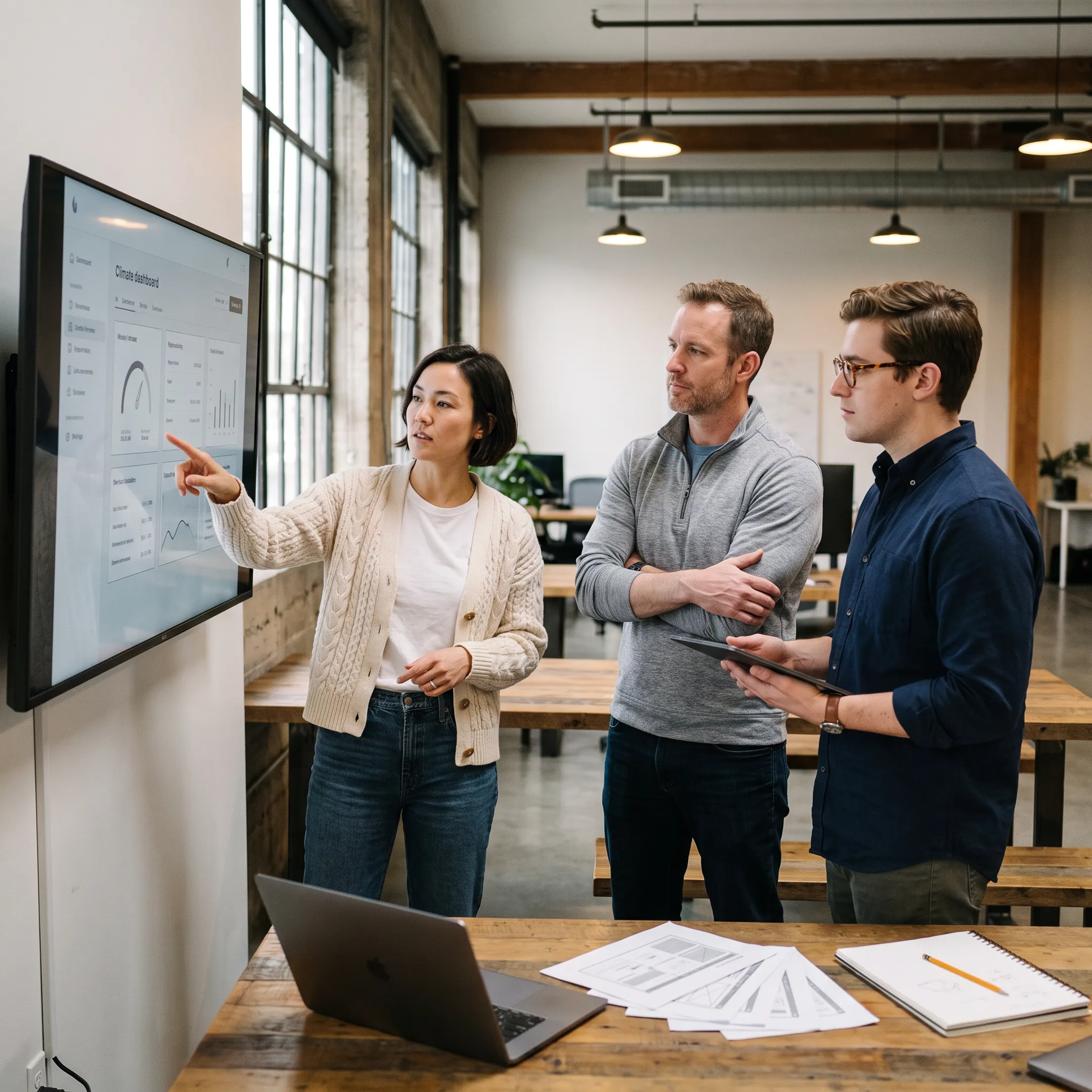 Design team reviewing a sophisticated B2B startup website in a San Francisco studio