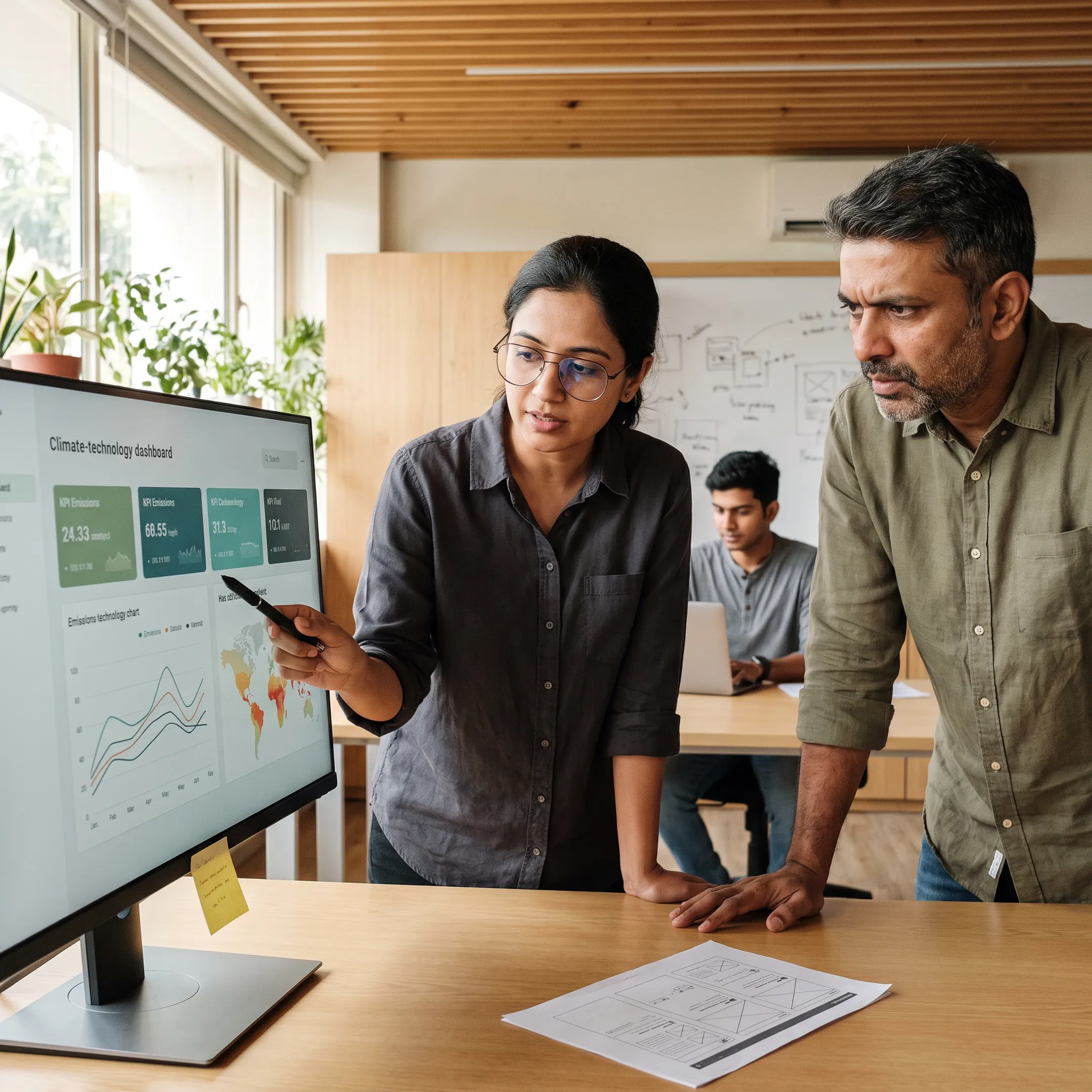 Design team reviewing a climate technology interface on a large screen