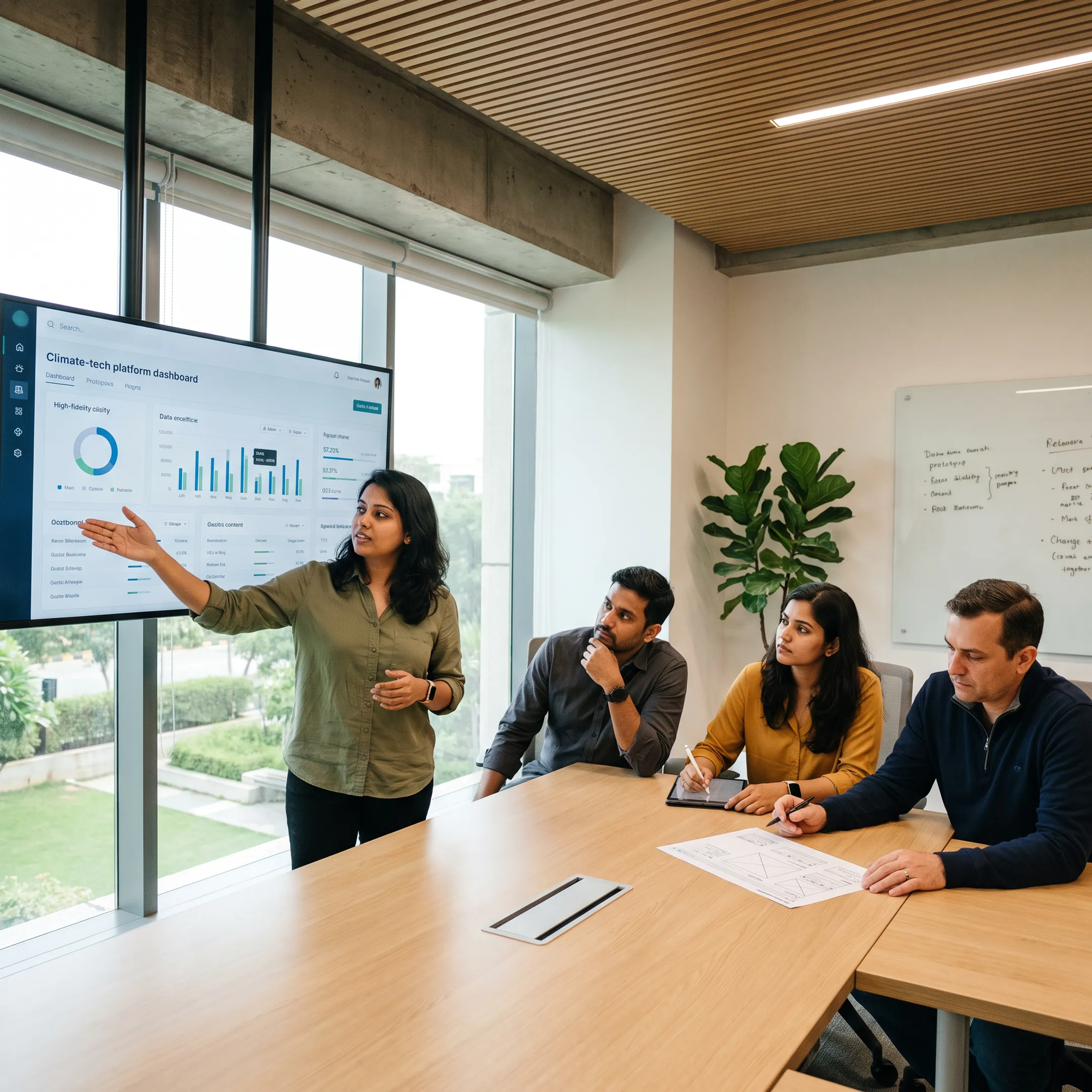 Designer presenting a clear digital product prototype to a technology team