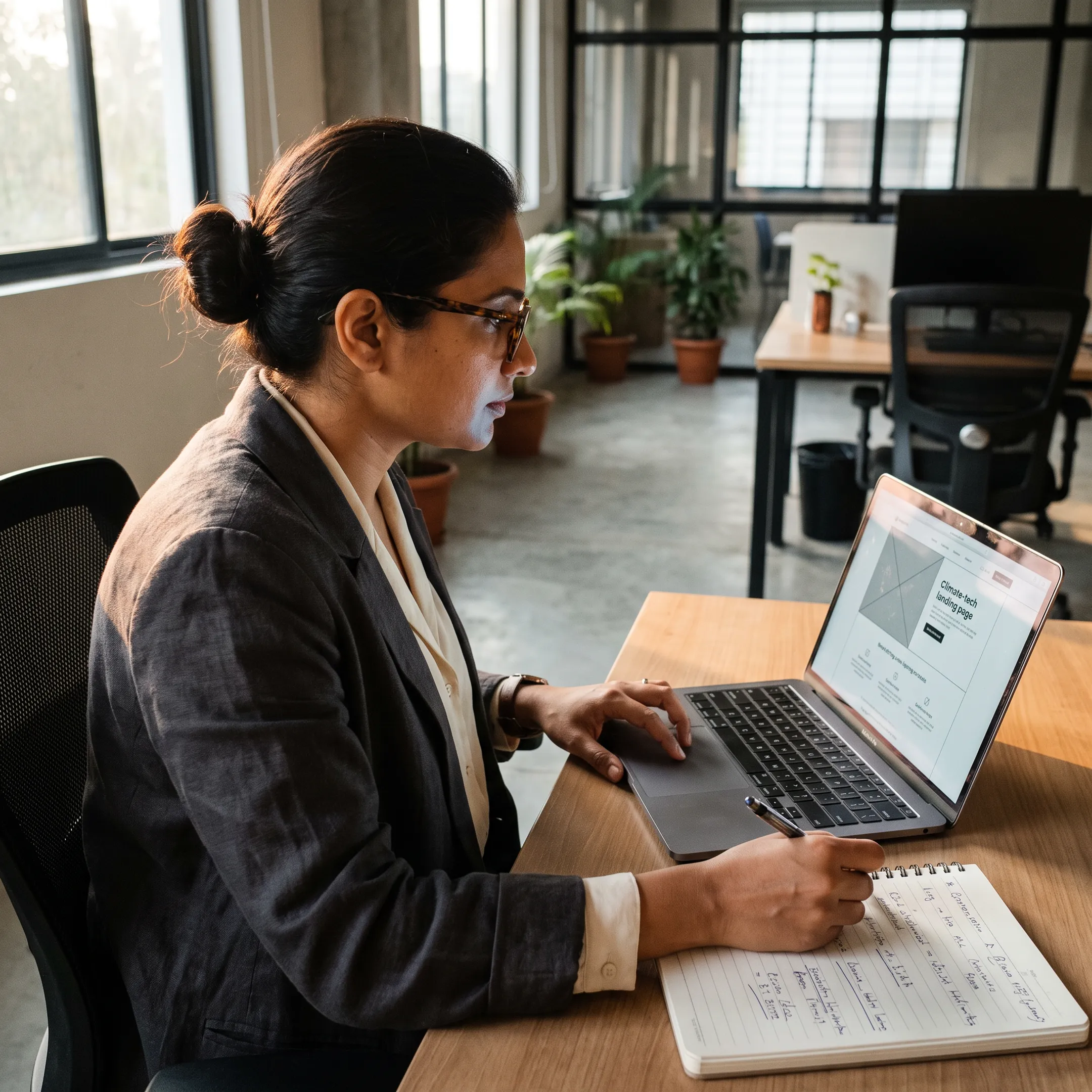 Climate tech strategist reviewing a landing page conversion audit on a laptop