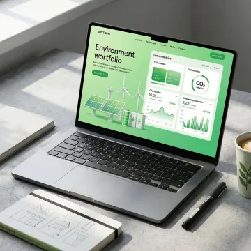 Designer working on environmental website interface with sustainability data visualizations