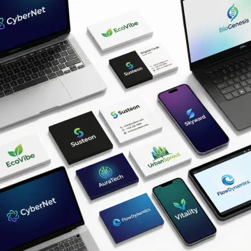 Professional startup logo design examples displayed on various brand applications