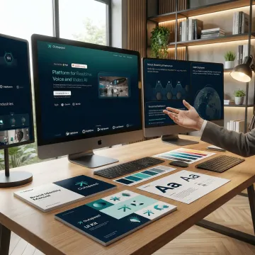 Designer presenting website mockups and brand guidelines to a client
