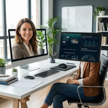 Professional web designer working on laptop creating modern website design with vibrant interface elements