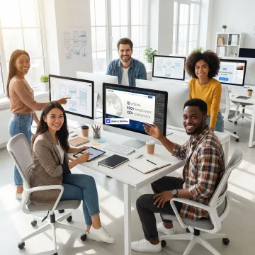 Modern tech startup team collaborating on Webflow website design with UI/UX wireframes and prototypes displayed on screens