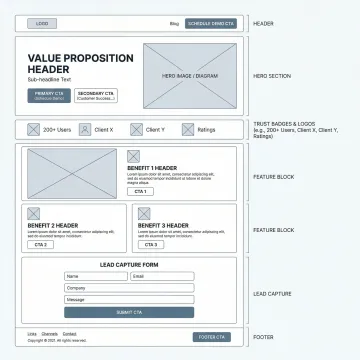 Conversion-optimized landing page wireframe showing strategic element placement and user flow