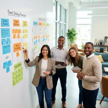 Brand strategy workshop with stakeholders mapping customer journeys and value propositions