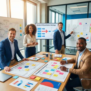 Brand strategy workshop with stakeholders reviewing positioning frameworks and competitive analysis matrices